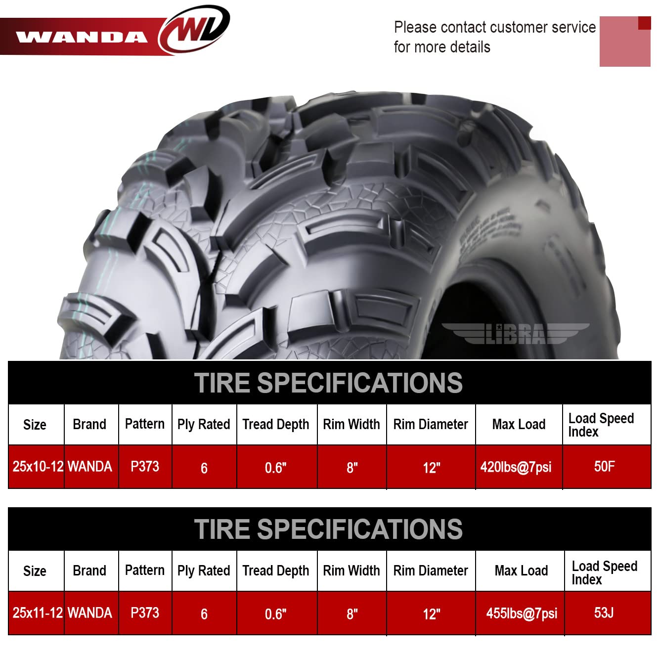 Wanda Set Of 4 New Atv/Utv Tires 25X10-12 Front & 25X11-12 Rear /6Pr P373