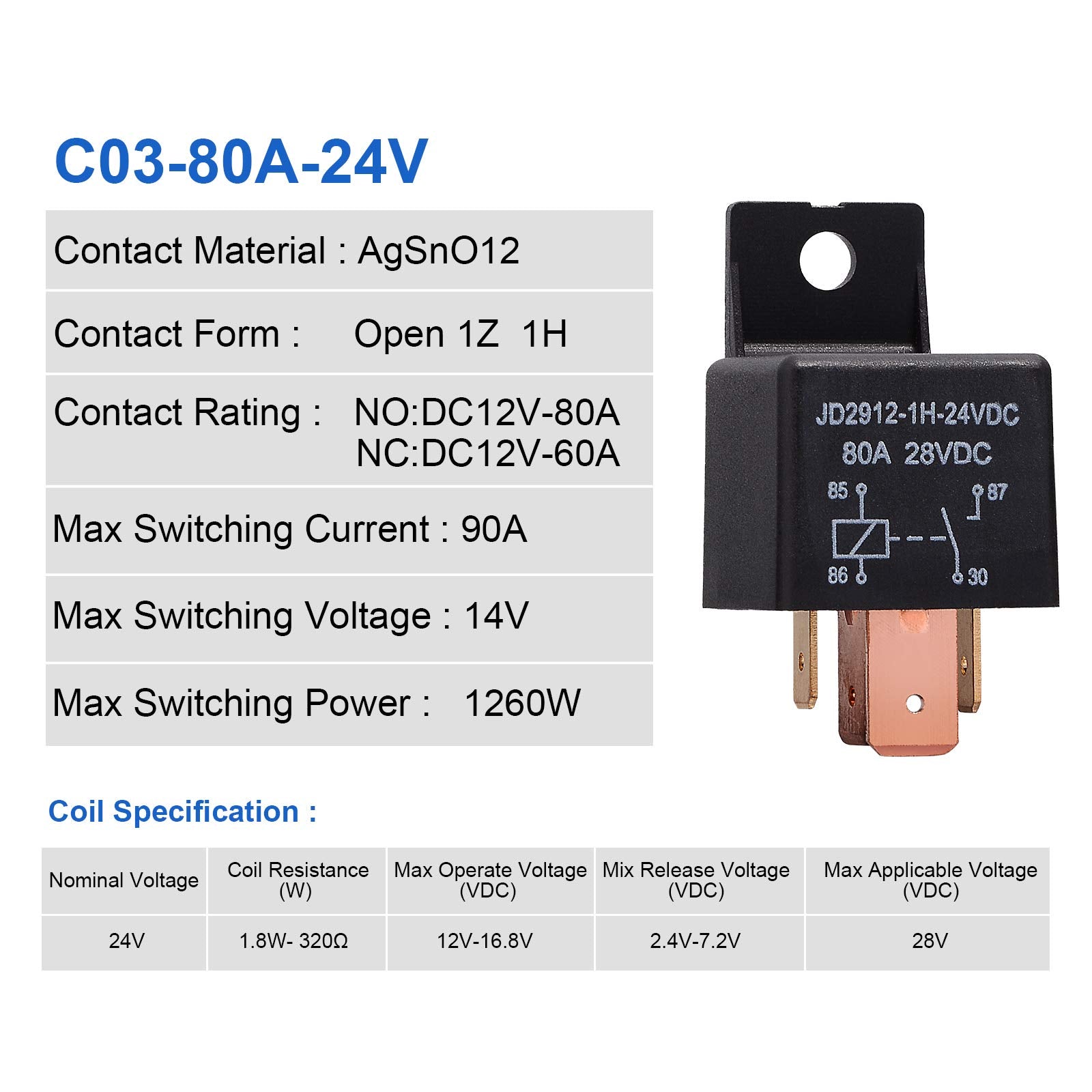 EHDIS 4-Pin Car Relay 24V 80A Relay On/Off Normally Open Car Truck Boat SPST Relays High Power Model JD2912-1H-24VDC 80A 28VDC,P
