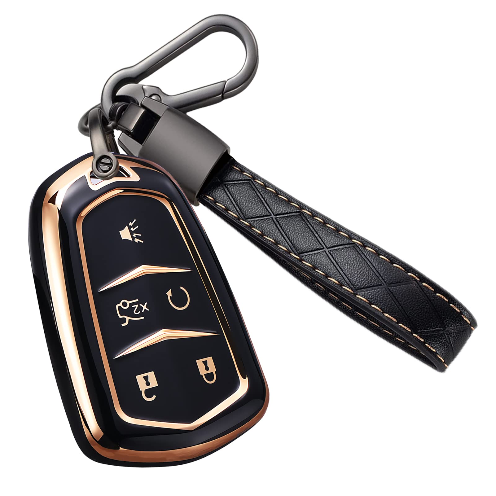Cacacar For Cadillac Key Fob Cover With Keychain, For Cadillac Escalade Ats Cts Ct6 Sts Srx Xt5 Key Fob Case Premium Soft Tpu Full Protection Smart Key Holder (B-Black)