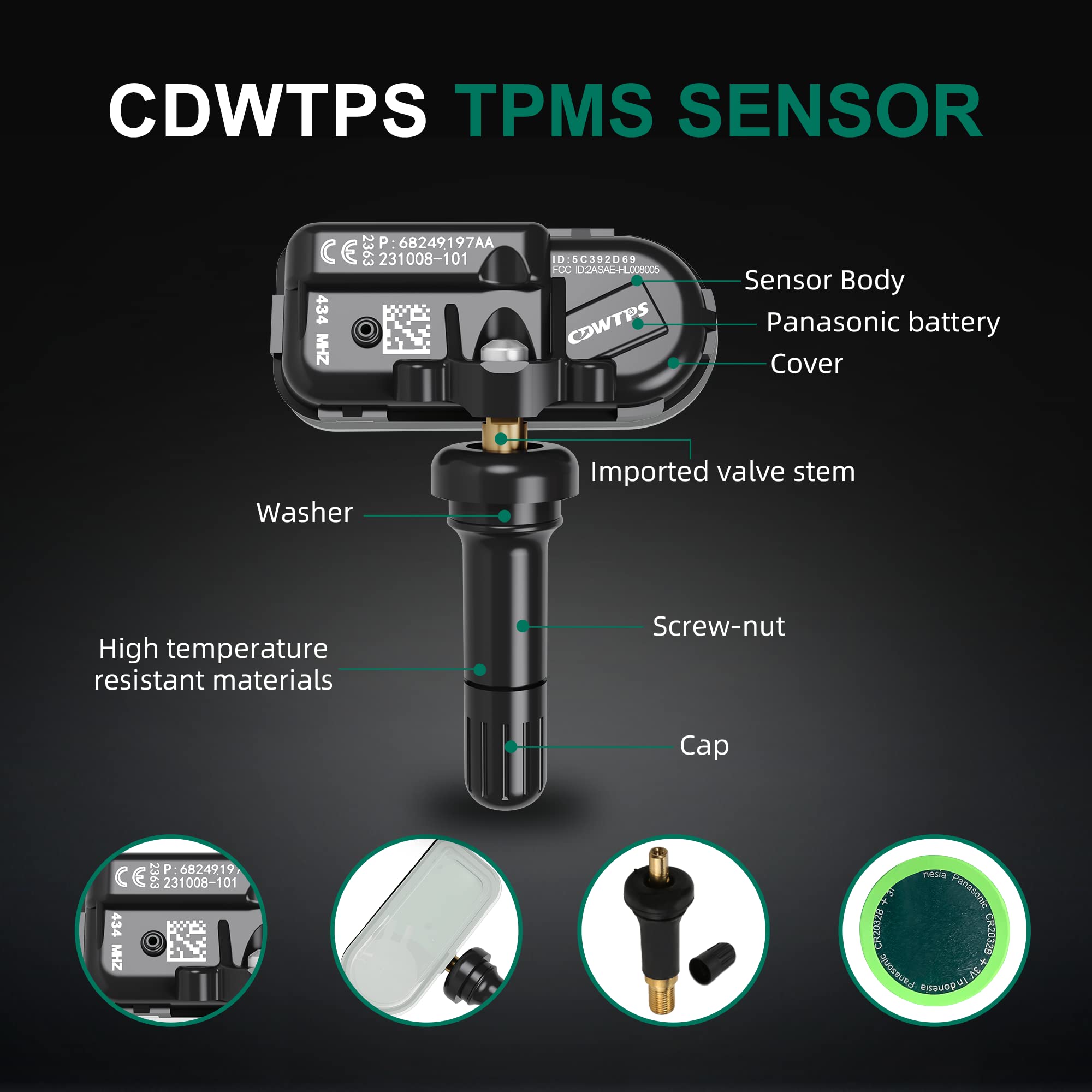Cdwtps Tire Pressure Monitor Sensors, 434Mhz, Compatible With 2014-2021 Dodge Ram Jeep Cherokee, Replace#68249197Aa