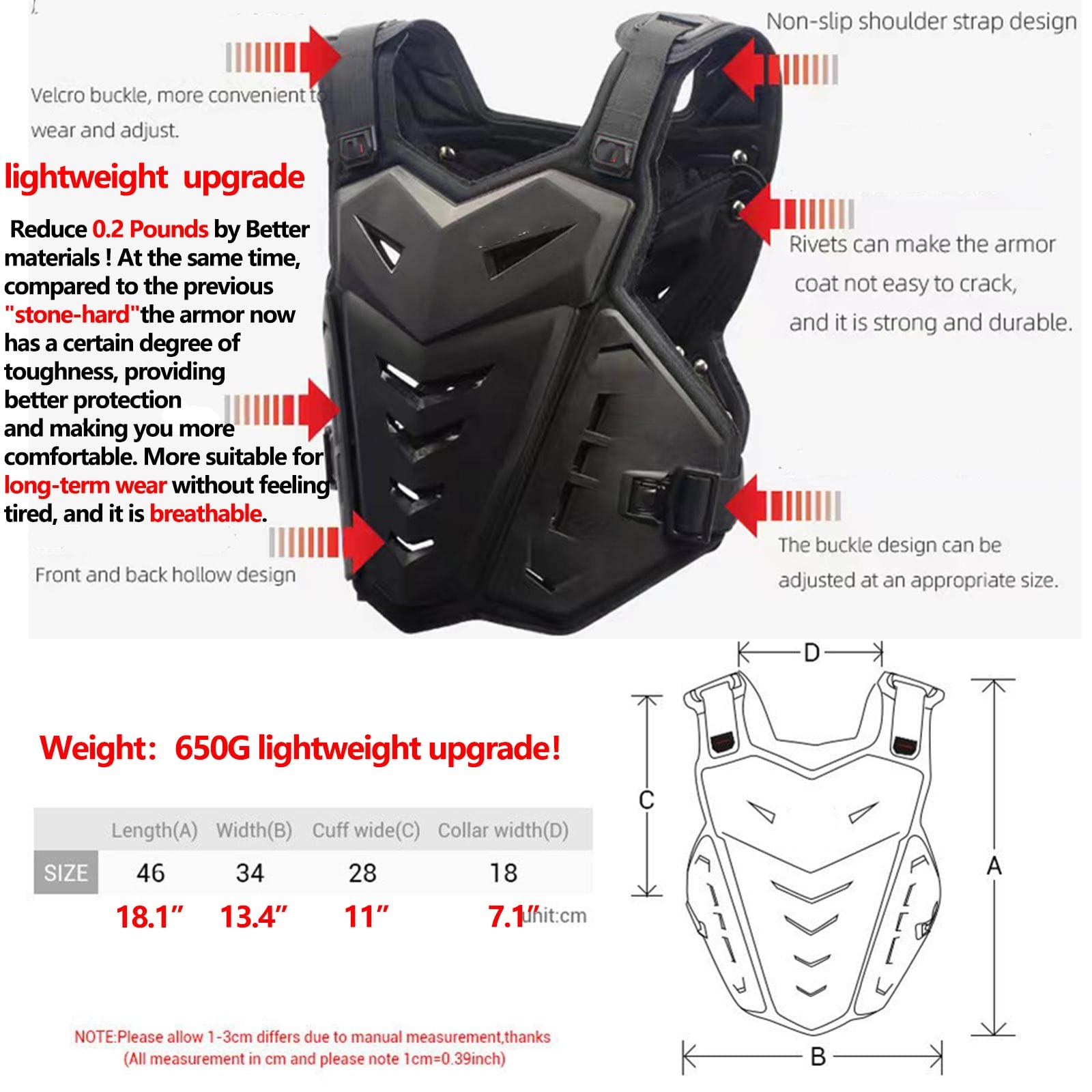 CALOPET Light Upgrade Chest Armor Vest - Black, One Size, Polymer Material for Motorcycle, Dirtbike, Skiing, Off-Road Protection