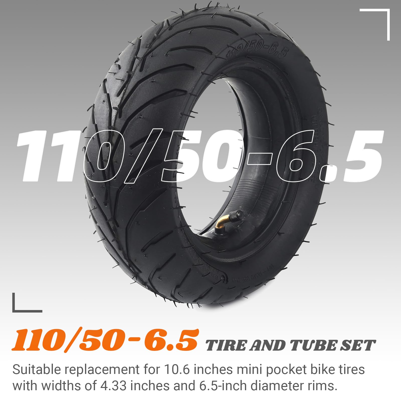 AR-PRO Universal Replacement Tire and Tube Set for Mini Pocket Bikes - 110/50-6.5, Rubber, Angled Valve Stem, Fits 38cc-49cc Models