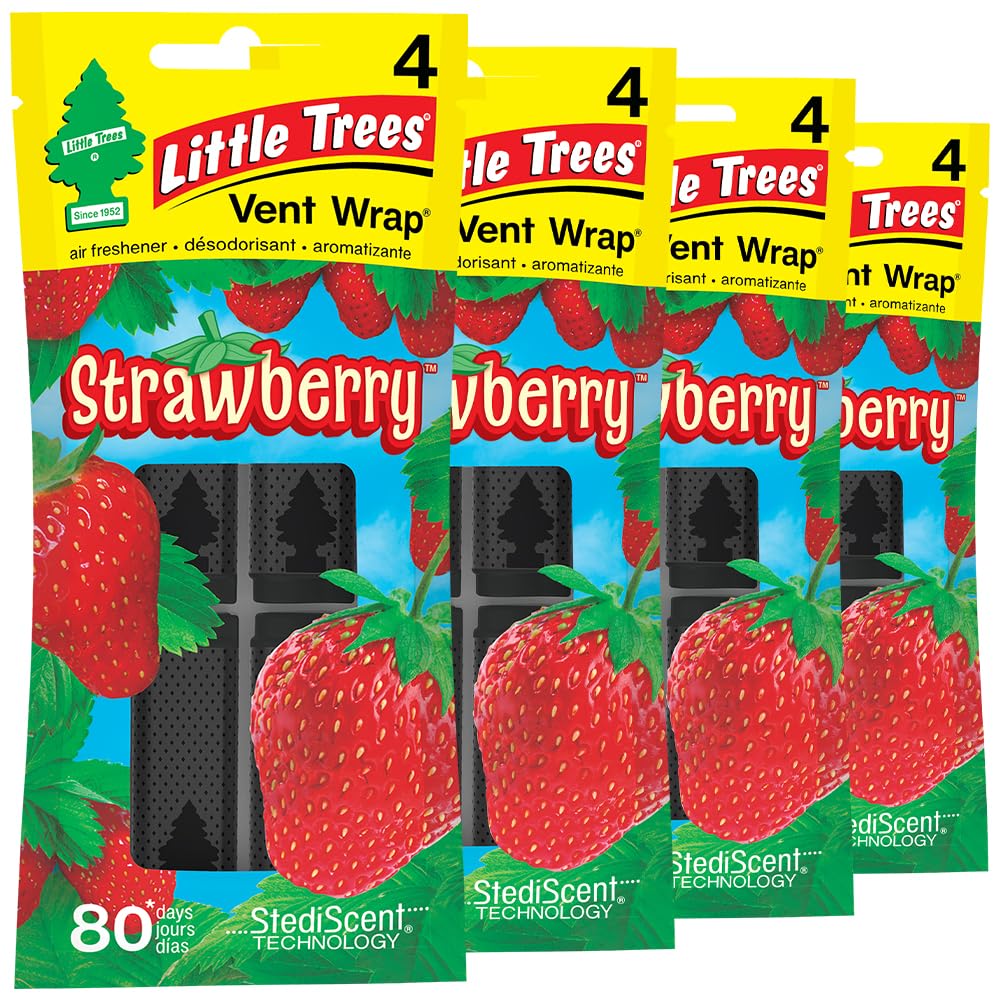Little Trees Car Air Freshener. Vent Wrap Provides Long-Lasting Scent, Slip On Vent Blade. Strawberry, 16 Air Fresheners, 4 Coun