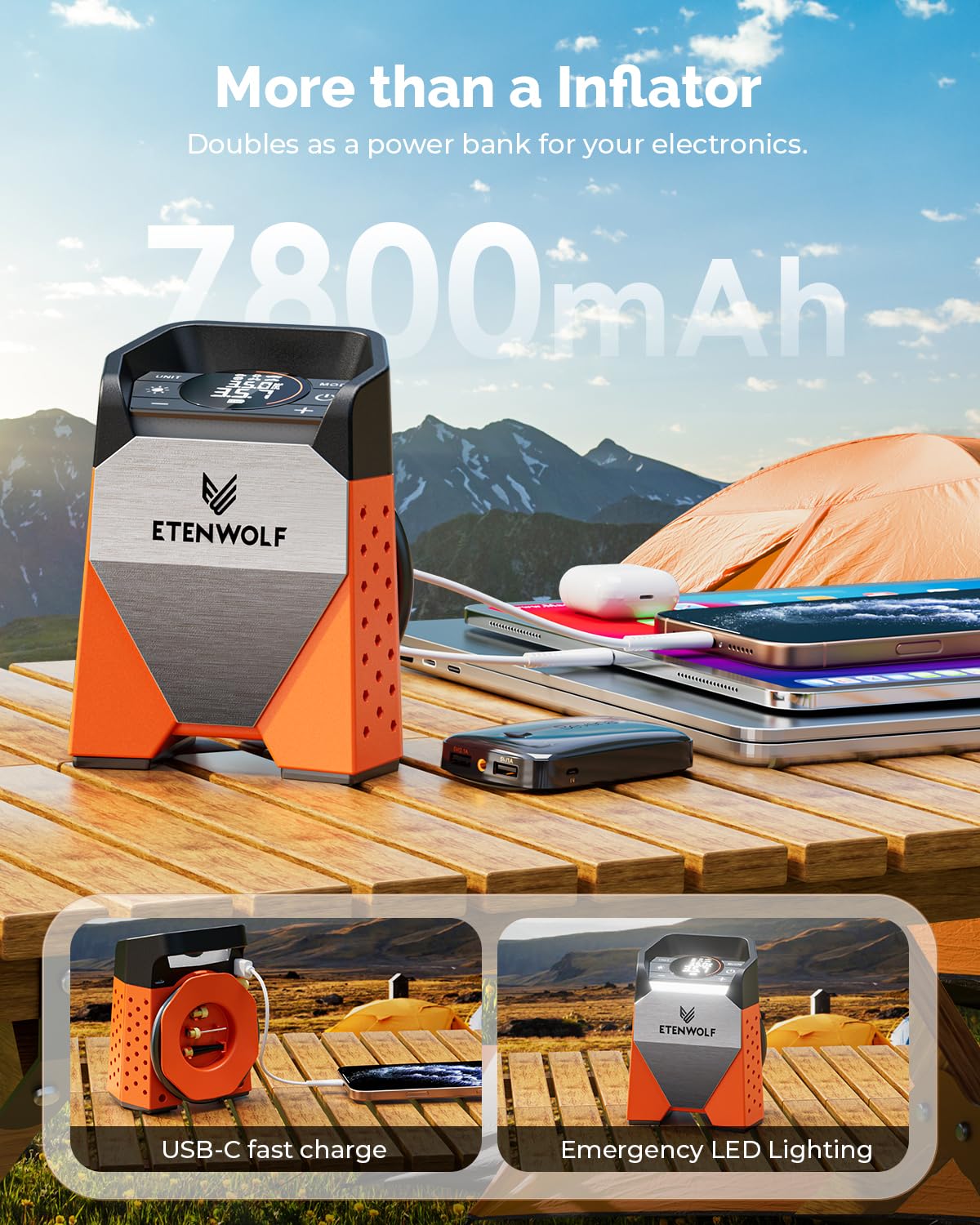 ETENWOLF ZEPHYR S3 Tire Inflator, 160 PSI Air Pump for Cars & Bikes, Fast Inflation, Portable, Vivid Orange