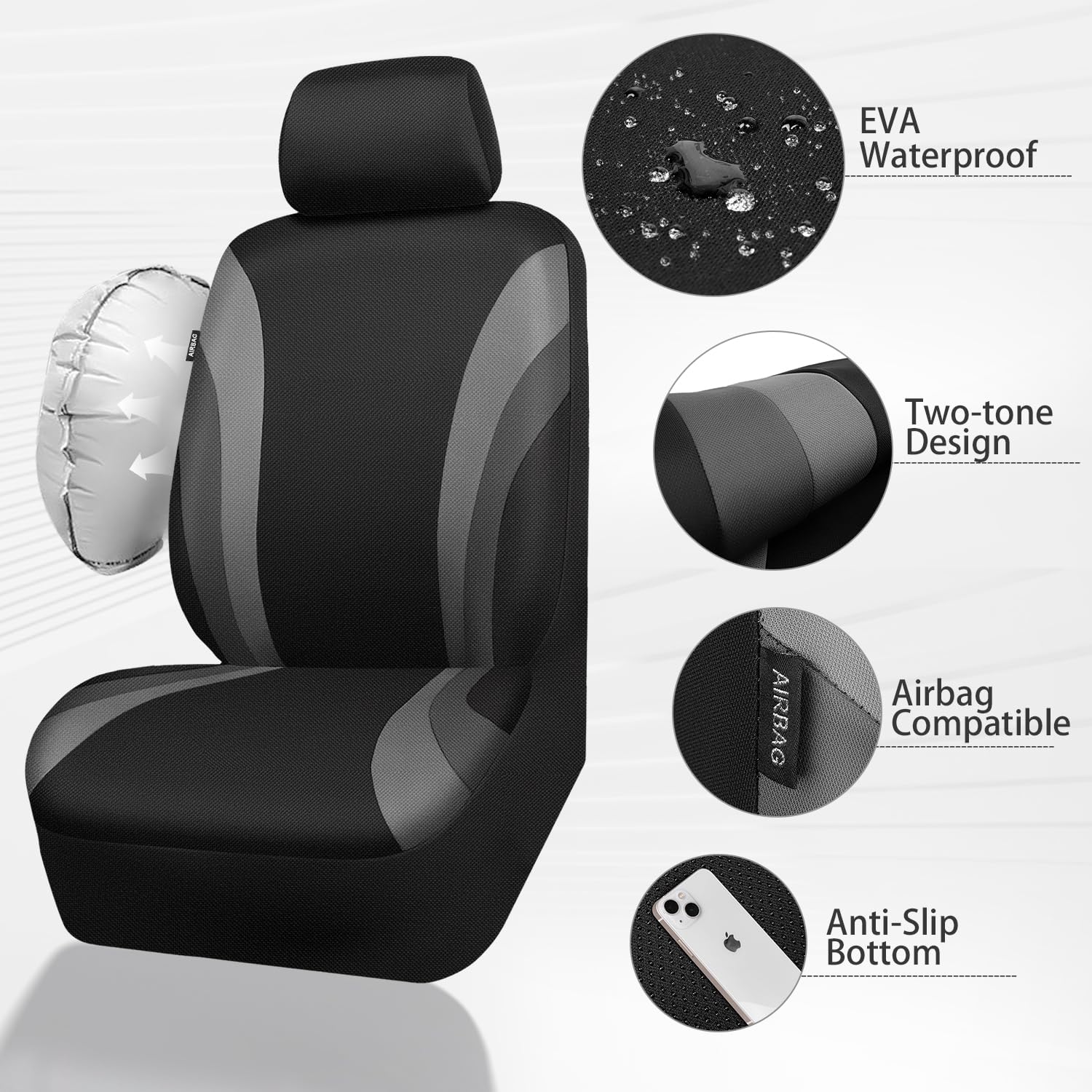 Car Pass Eva Waterproof Car Seat Covers Front Seats,Gray Two Front Seat Covers,Airbag Compatible,Automotive Seat Covers Universa
