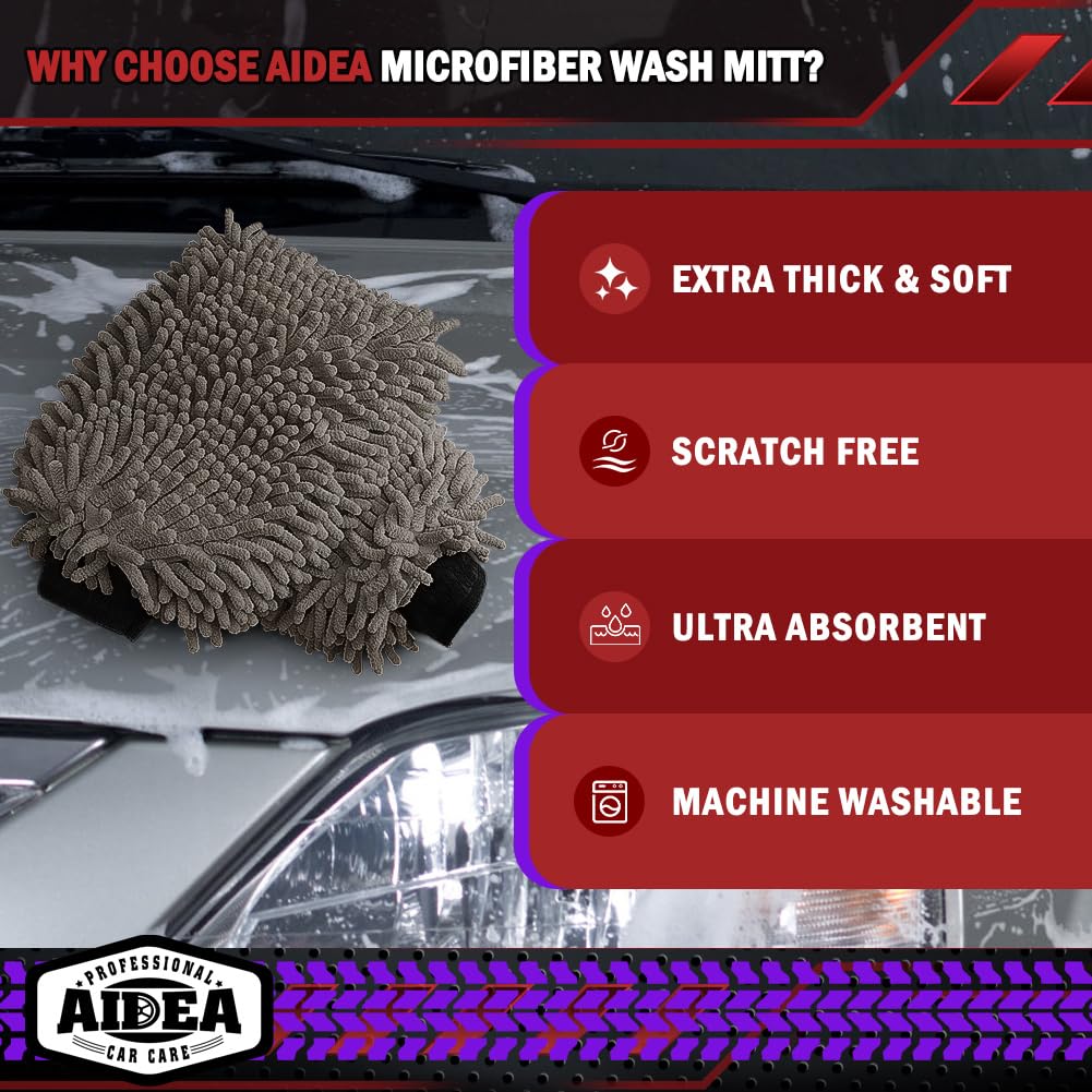 Aidea Car Wash Mitt Microfiber-2Pack, Scratch-Free& Lint-Free, Premium Chenille Microfiber Wash Mitt-Grey Regular Size (7.12''X1