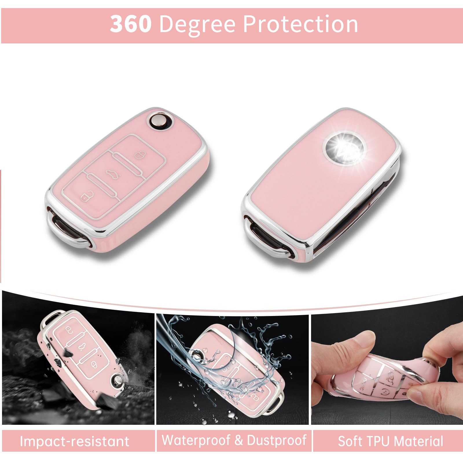 Pangpai Pink Car Accessories - 3 Pcs Key Fob Cover & Bling Keychain for VW Jetta Golf Polo MK6 Passat Tiguan Beetle, Soft TPU, Zinc Alloy