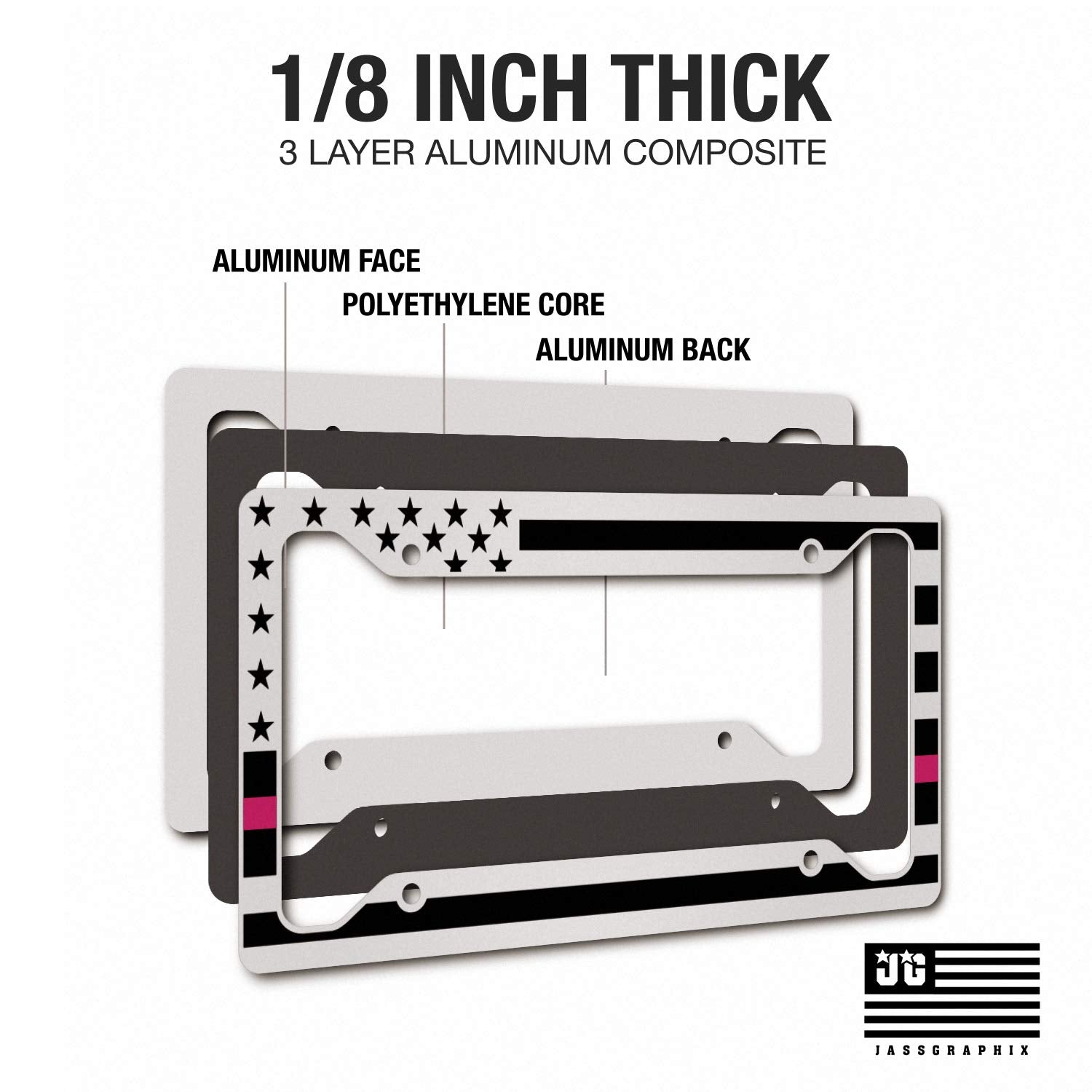 American Flag License Plate Frame - Thin Pink Line- Car Tag Frame -Pink On White Breast Cancer Awareness