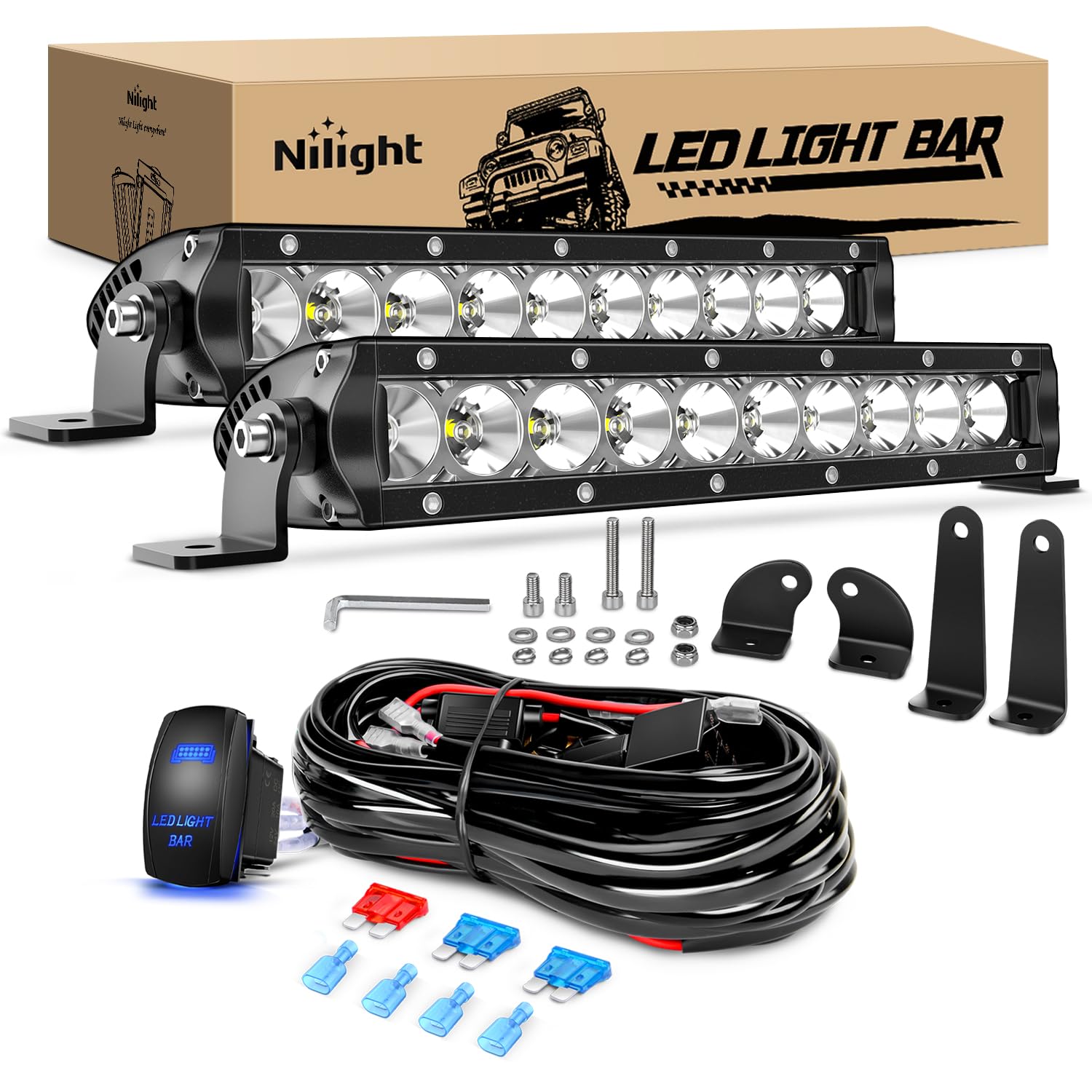 Nilight Led Light Bar 2Pcs 11 Inch 50W Super Slim Spot Flood Combo 5000Lm 3D Driving Fog Off Road Lights Pods With Wiring Harnes