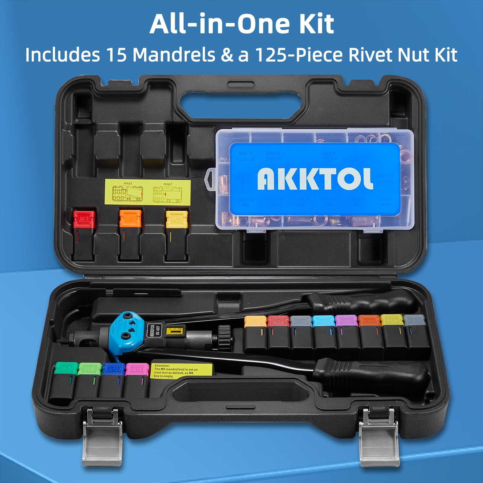 AKKTOL Rivet Nut Tool Kit, 16" Heavy-Duty Carbon Steel, 15 Metric & SAE Mandrels, Blue, Model BT-607, 125-PCS Assortment