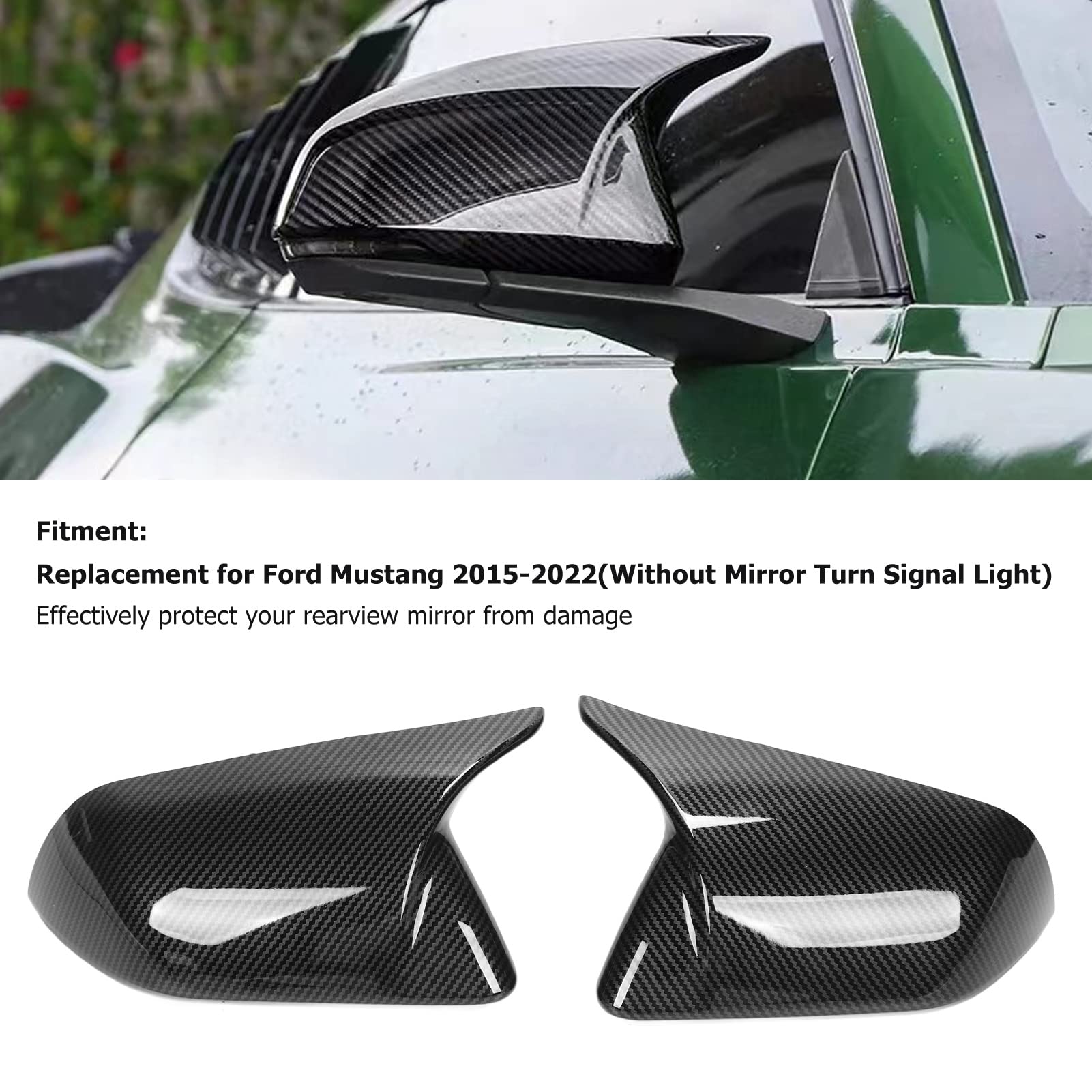 For Mustang Carbon Fiber Mirror Cover Car Exterior 2Pcs Door Mirror Cover Cap Left Right Horn Style Replacement For Mustang 2015?2022 Carbon Fiber Style (Carbon Fiber Style)
