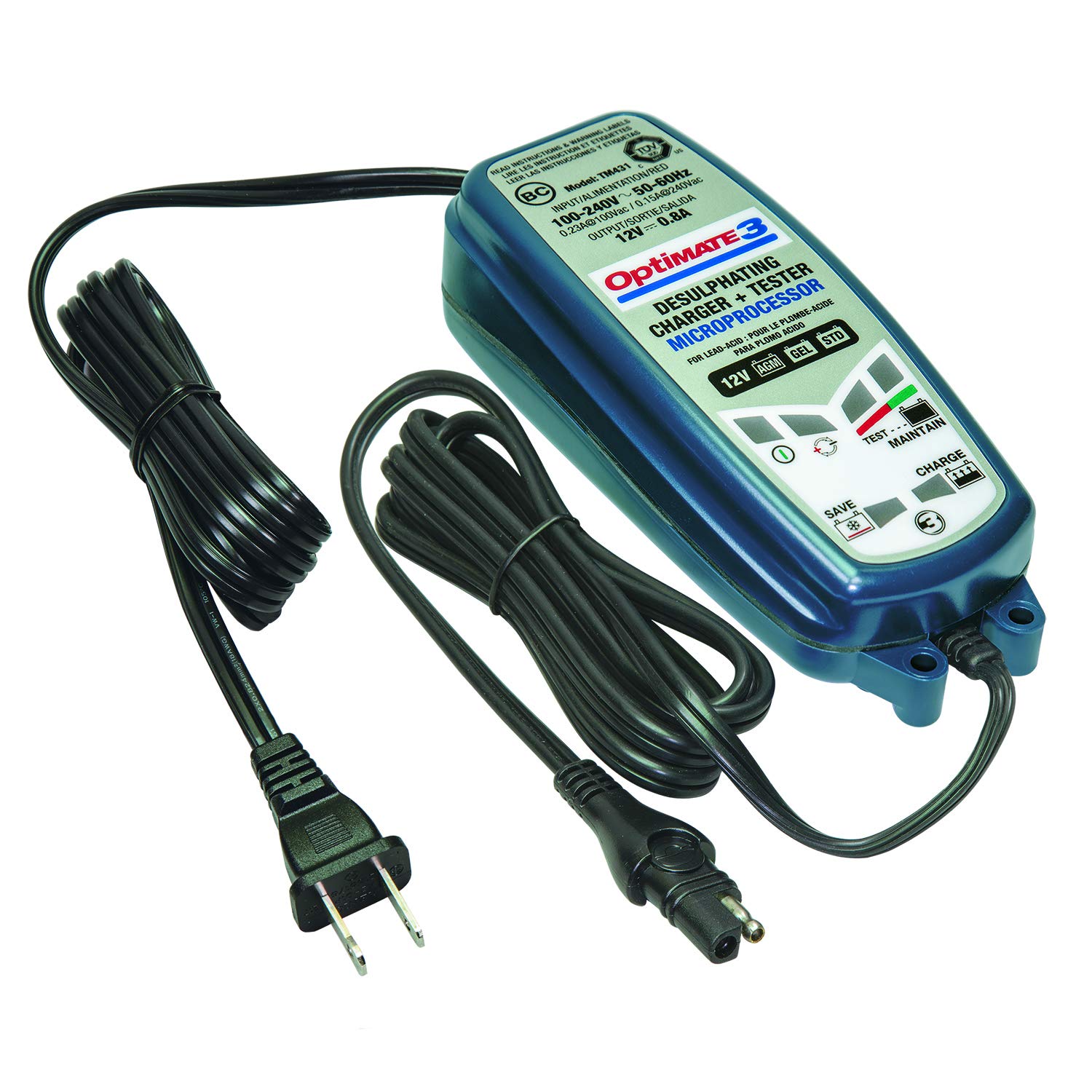 Tecmate Optimate 3 12V 0.8A Battery Charger & Maintainer, TM-431, Multicolor