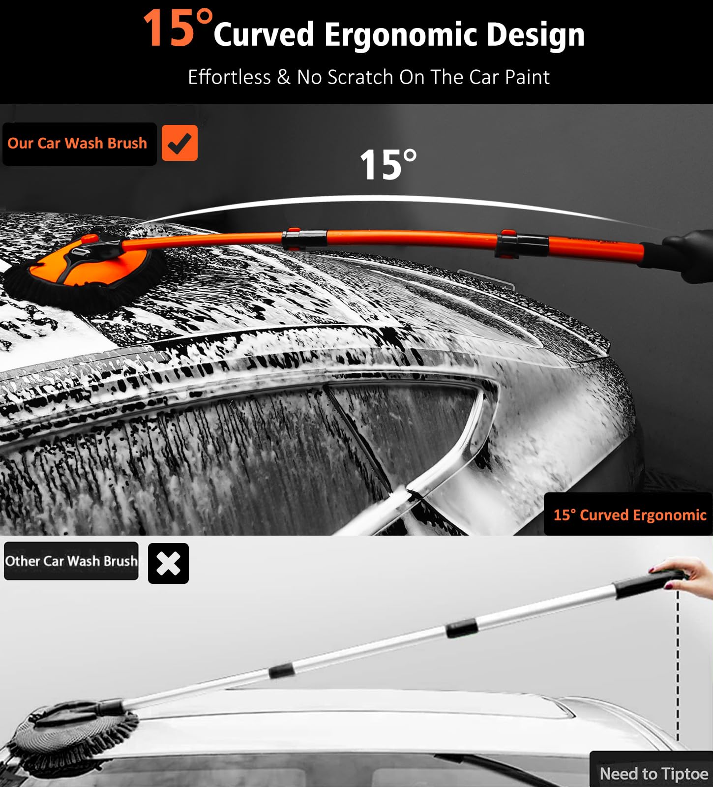 YeewayVeh Car Wash Brush Mop - 43" Extendable with 15° Curved Soft Brush, Extra Microfiber Head, 2 Pieces, Orange