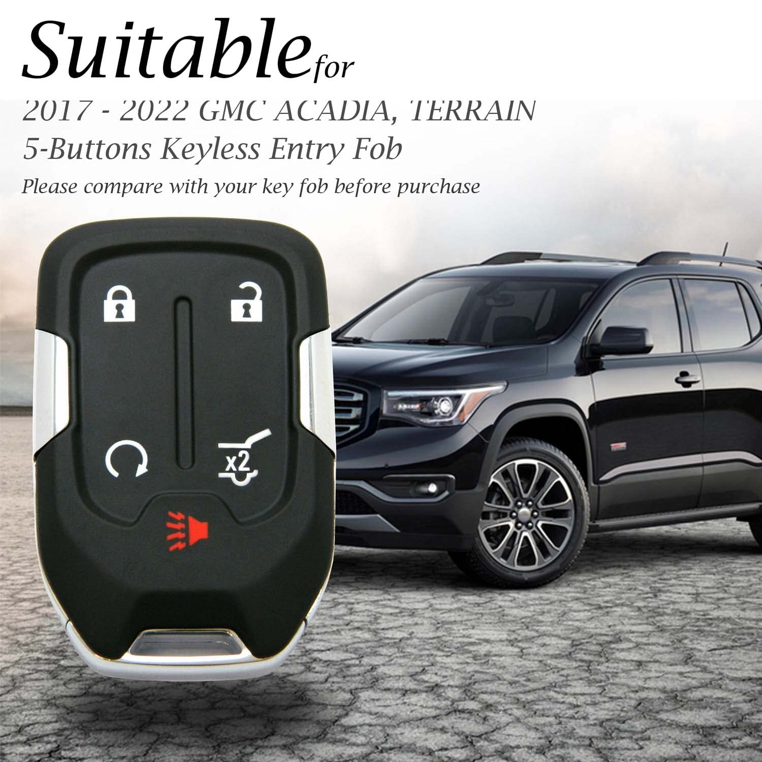 Vitodeco Genuine Leather Smart Key Fob Case With Leather Strap Compatible For Gmc Acadia, Gmc Terrain 2017 - 2023 (5-Button, Red
