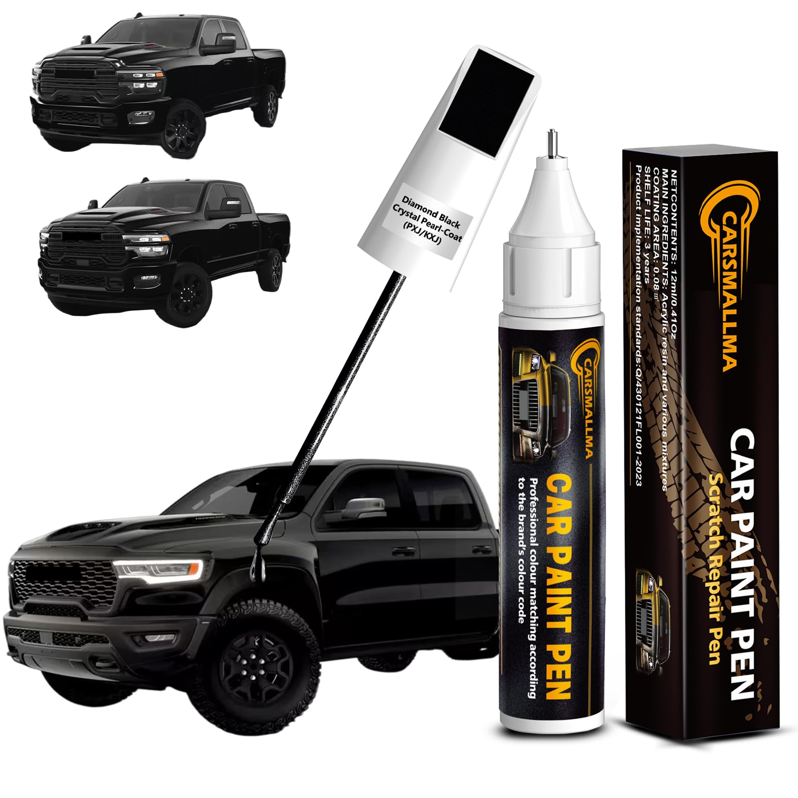 carsmallma Diamond Black Crystal Pearl-Coat(PXJ/KXJ) Car Touch Up Paint for Ram, Color Accurate Car Paint Scratch Repair Pen Kit