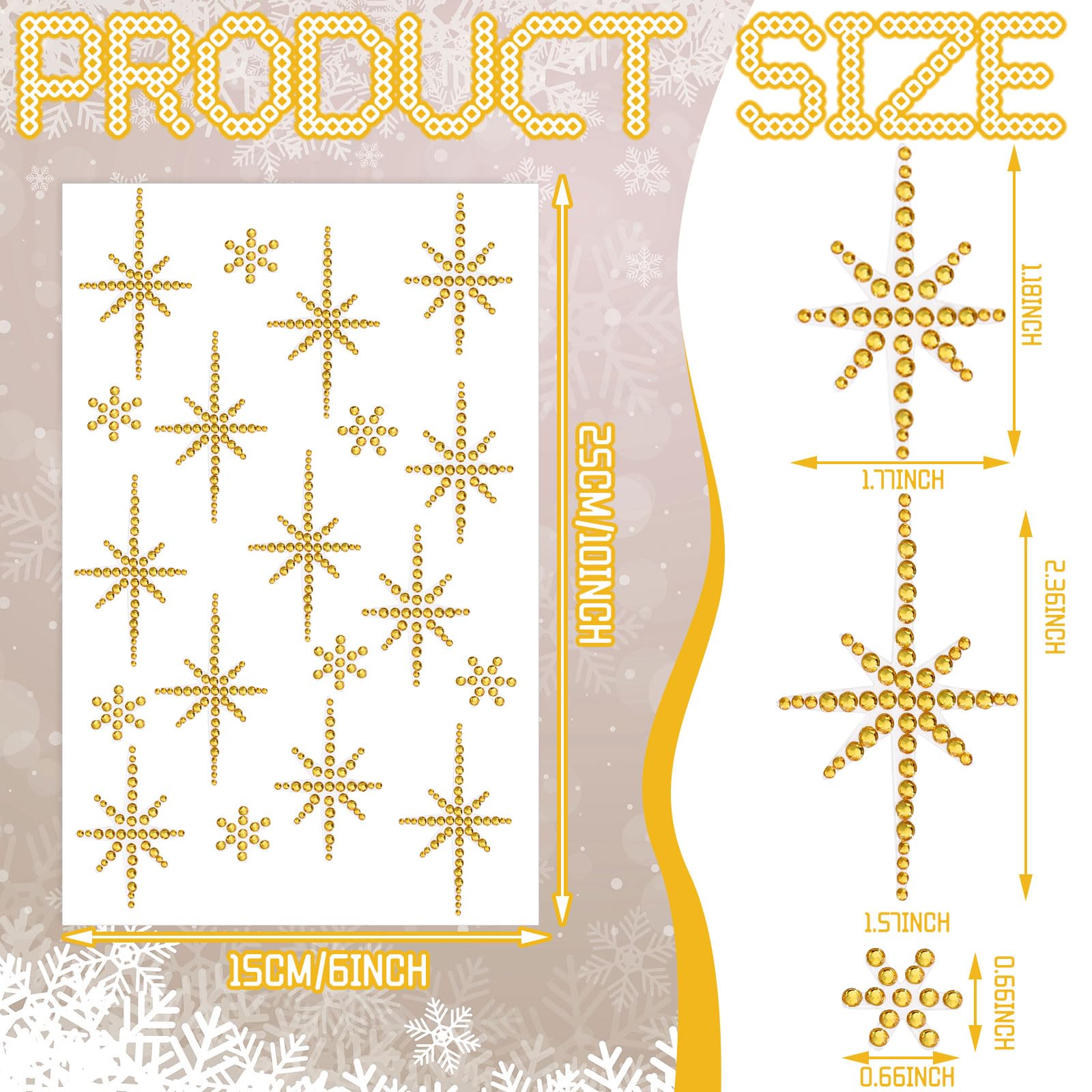 Epakh Rhinestone Star of Bethlehem Stickers, 76 Pcs Self-Adhesive Gold Crystal Decals for Holiday Decor, Model EI2781