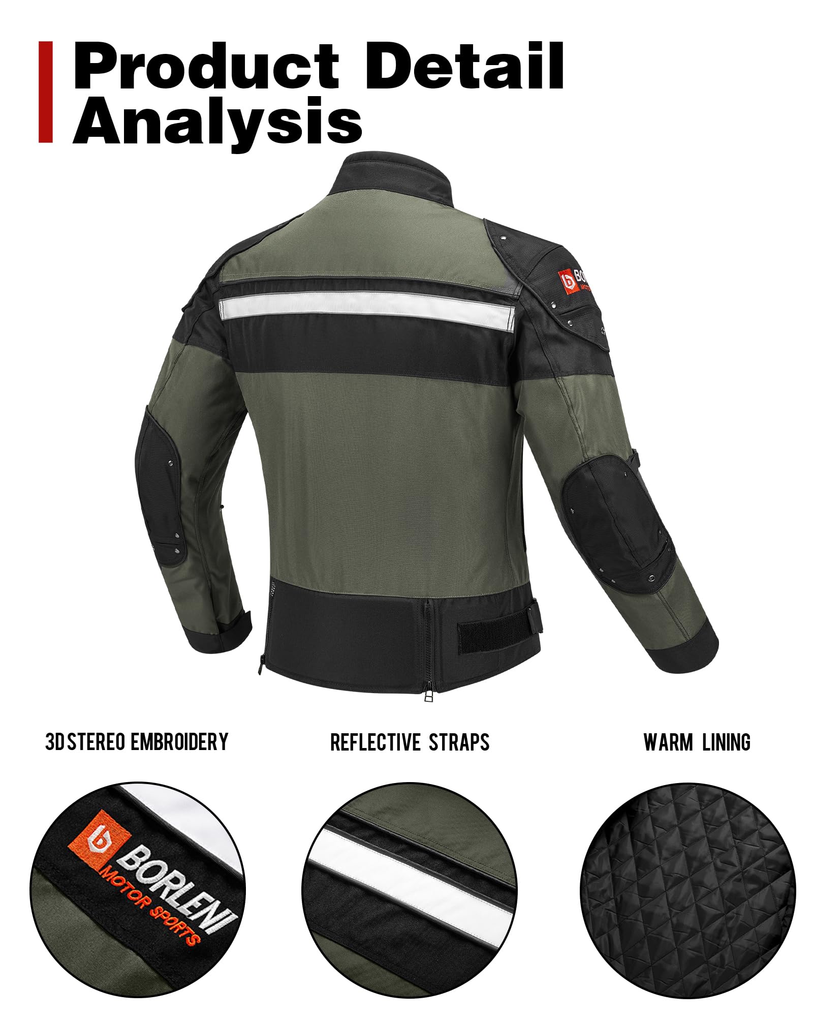 BORLENI Motorcycle Jacket, Windproof Full Body Protective Gear, CE Armor, Large, Green, Model D-020, Polyester