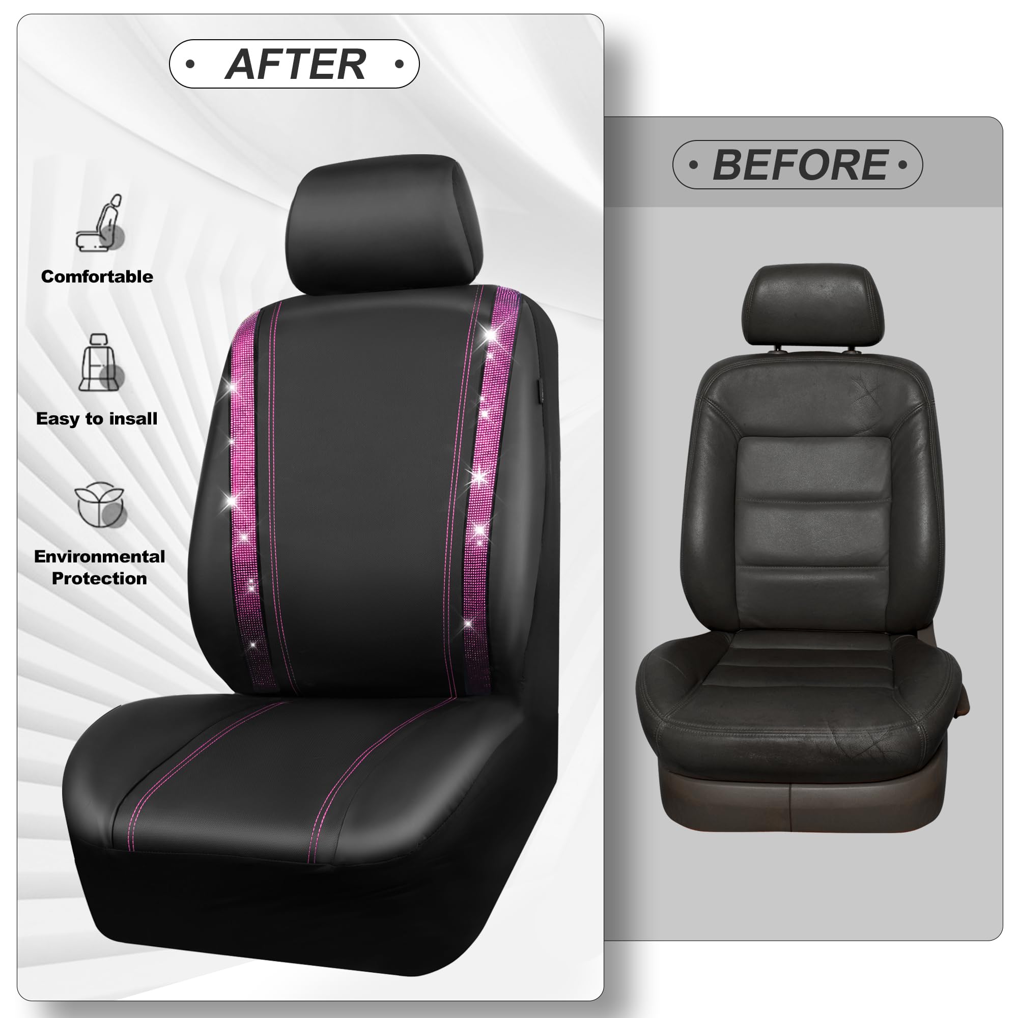 Car Pass Leather Diamond Bling Car Seat Covers 2 Front Interior Sets, Waterproof Universal Shining Glitter Crystal Sparkle Fit F