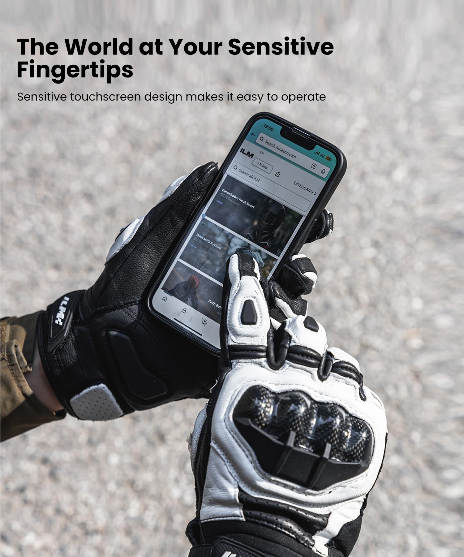 Ilm Air Flow Leather Motorcycle Gloves Touchscreen For Men And Women Model-Grc01 (L, White)