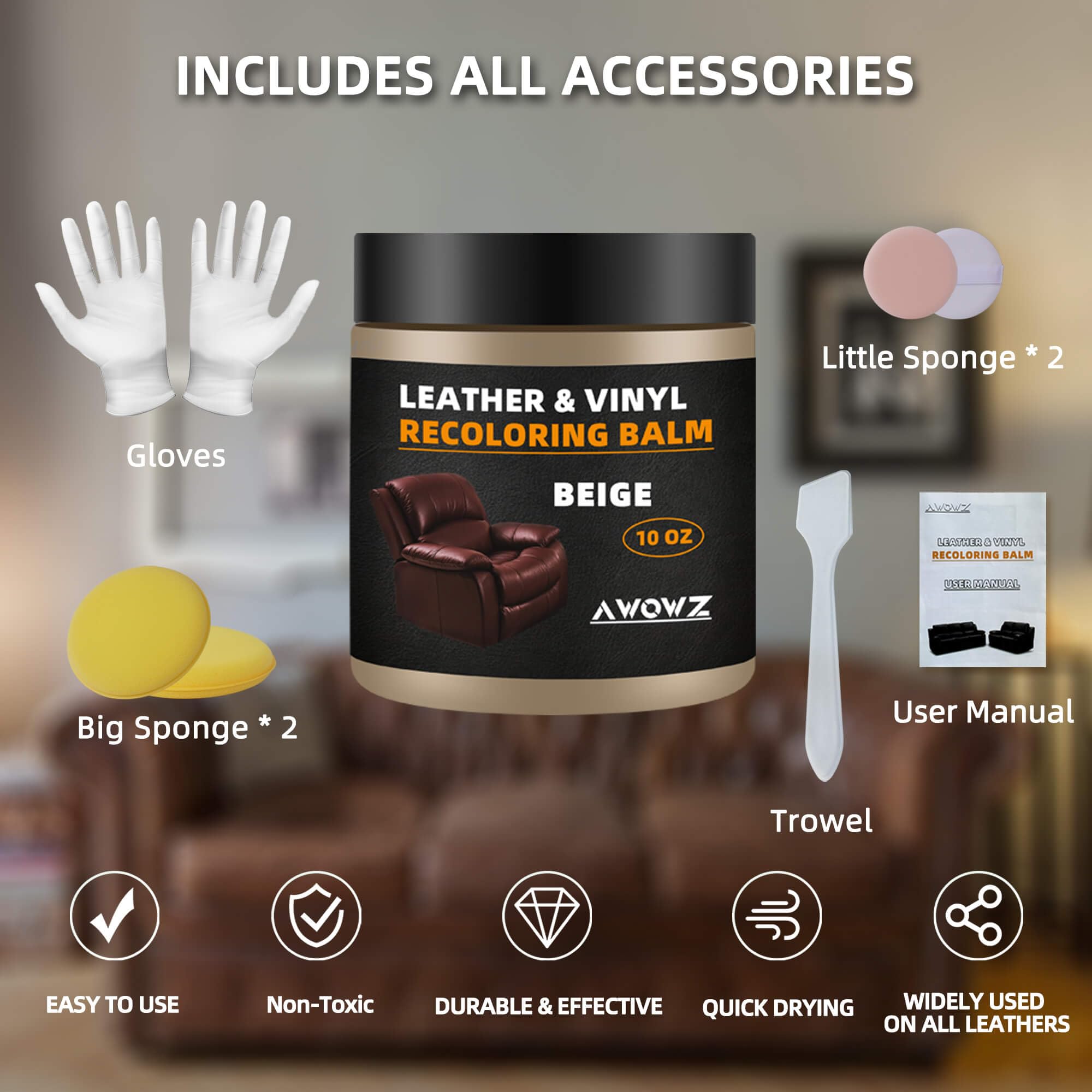 AWOWZ Leather Recoloring Balm - Scratch Repair & Color Restore Kit, 10 OZ, Beige for Furniture, Auto Interior, Vinyl, Accessories