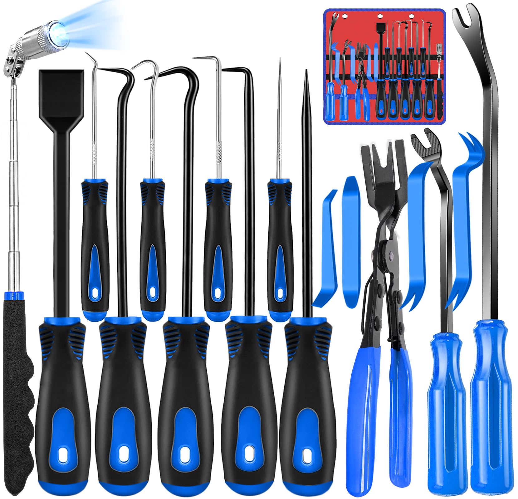 Keze 17 Pcs Hook And Pick Set Auto Trim Removal Tool Kit,Clip Plier Remover Tool Gasket Scraper Telescoping Magnetic Pickup Tool