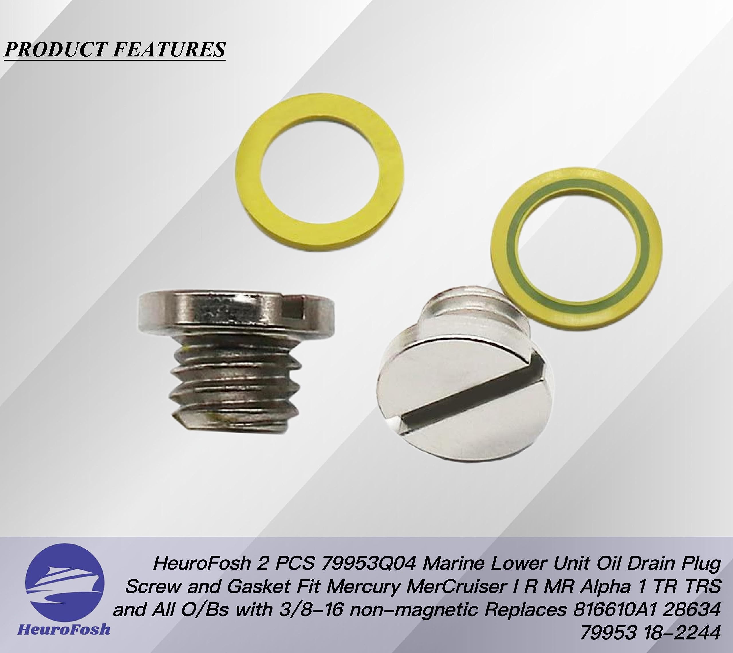 HeuroFosh 2 PCS 79953Q04 Marine Lower Unit Oil Drain Plug Screw and Gasket Fit Mercury MerCruiser I R MR Alpha 1 TR TRS and All