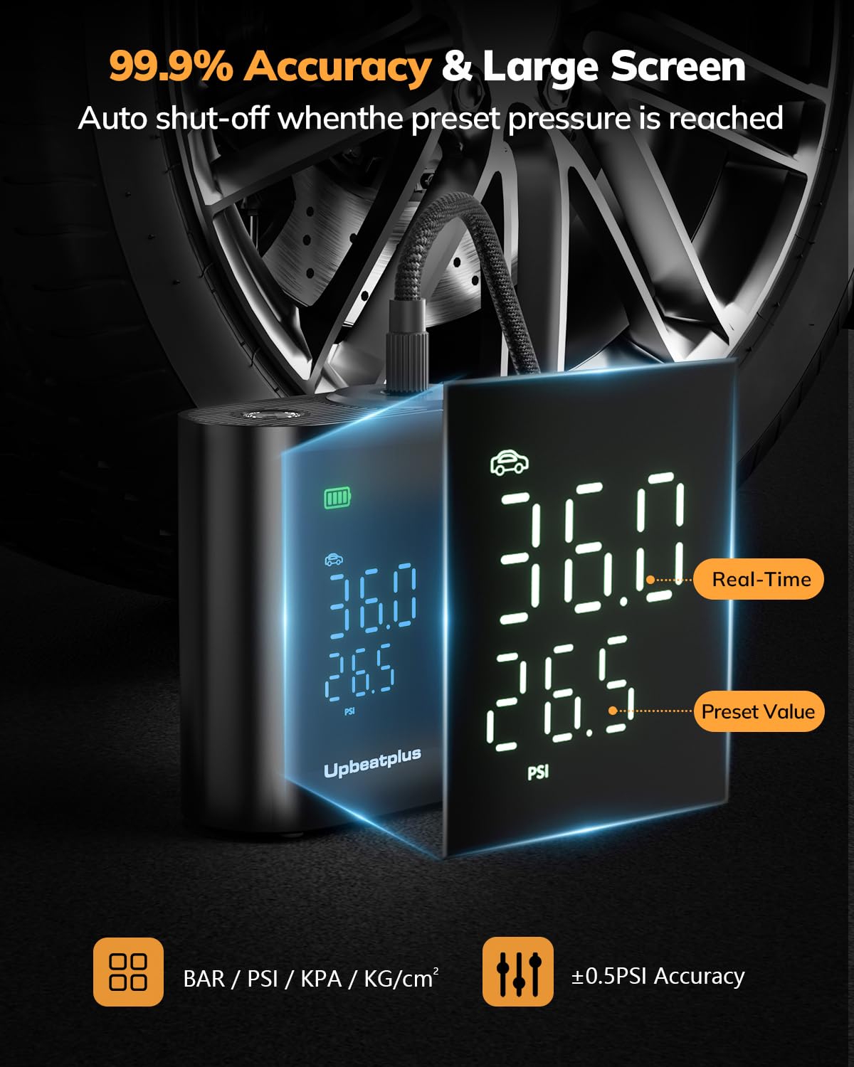 UpBeatPlus T1 Portable Tire Inflator - 160 PSI, Wireless, 7800mAh, Black, Aluminum, Model SU001BL10BAA-UBUS_000
