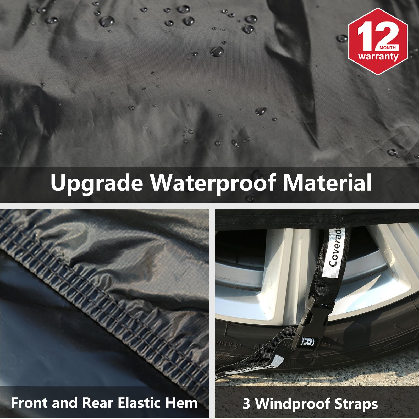 Coverado Car Covers For Automobiles All Weather Waterproof, Black Car Cover Outdoor Full Exterior Covers Snow Rain Dust Uv Prote