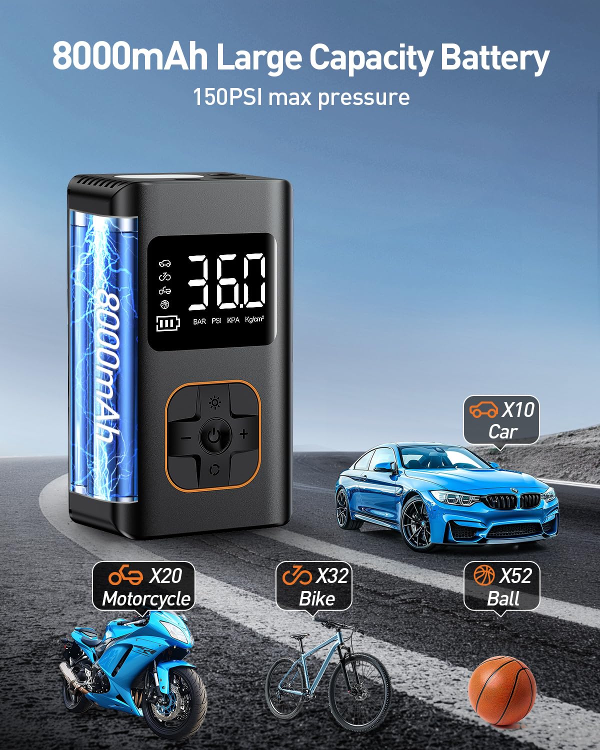 Tire Inflator Portable Air Compressor, 8000Mah Cordless Air Pump For Car Tires, 150 Psi Electric Bike Tire Pump With Led Light A