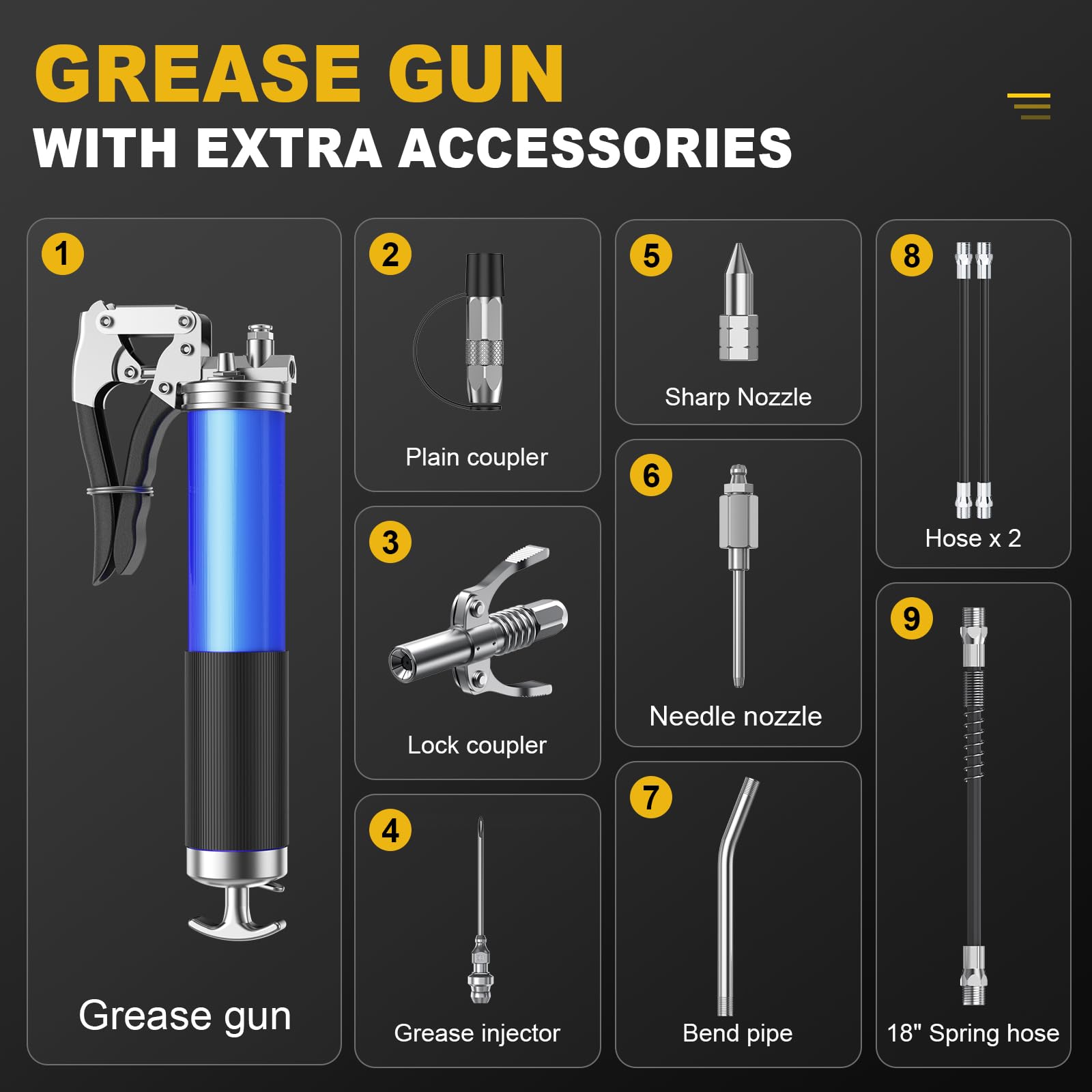Fantictas Grease Gun Kit, 8000 Psi Heavy Duty Grease Gun With Lock Coupler, 18'' Spring Flex Hose, 14Oz Load, 2 Standard Hose, G