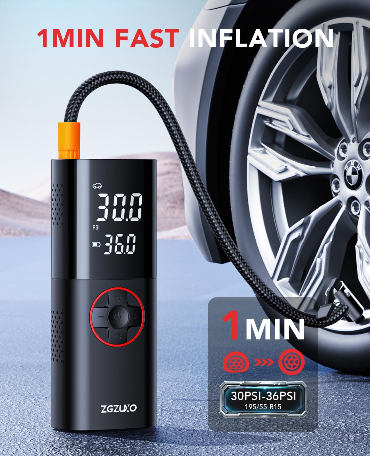 ZGZUXO Portable Tire Inflator, 150PSI Rechargeable Air Compressor, Cordless, Red, Model CZK-3691-R, with Pressure Gauge & LCD Dual Screen