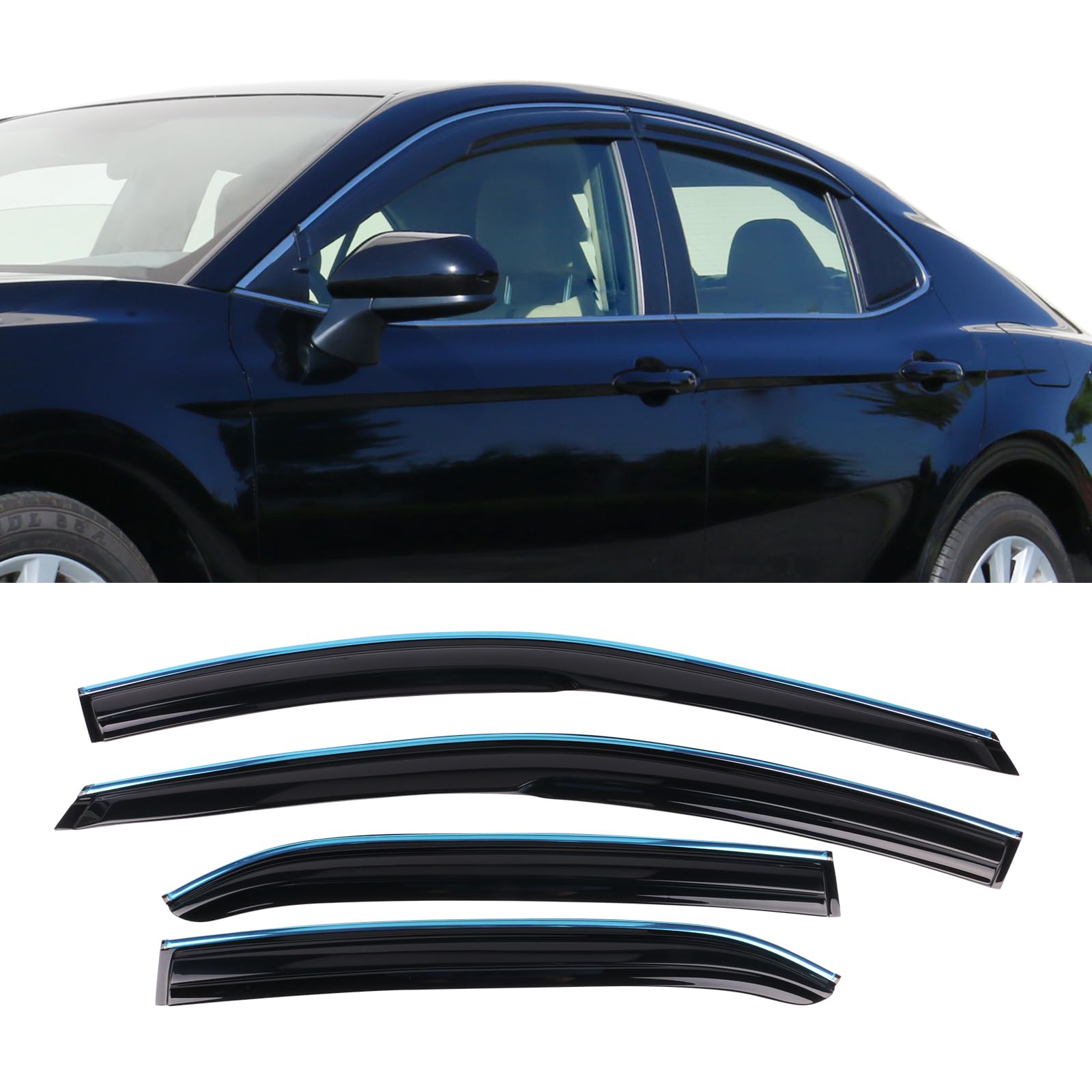 Tape On Outside Mount Window Visor With Chrome Trim Compatible With 2018-2024 Toyota Camry, Acrylic Smoke/Tinted Air Deflector S