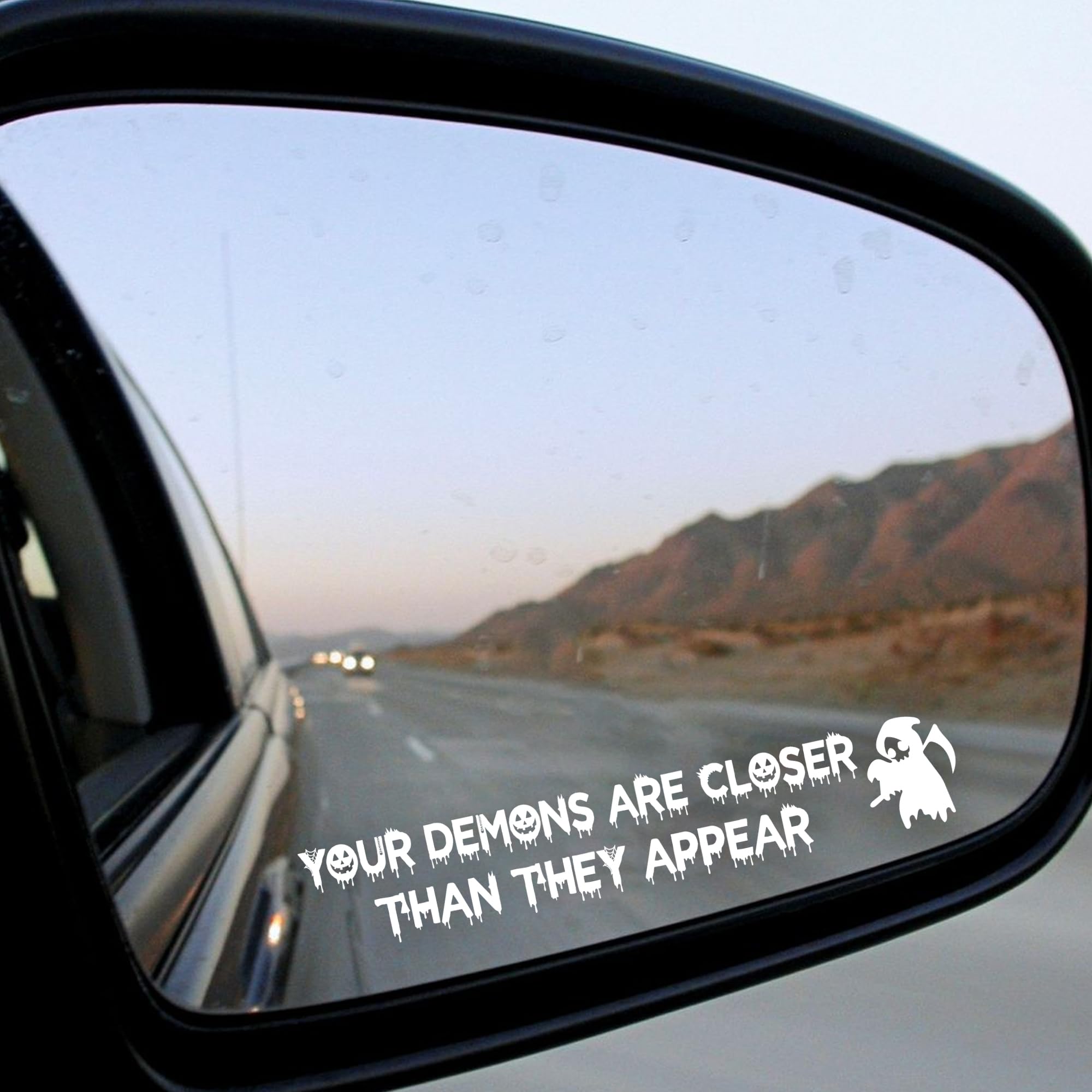 Your Demons White Halloween Vanity Mirror Decals - 2 Pcs Funny Stickers, Rear View Mirror Decorations, Goth Car Accessories
