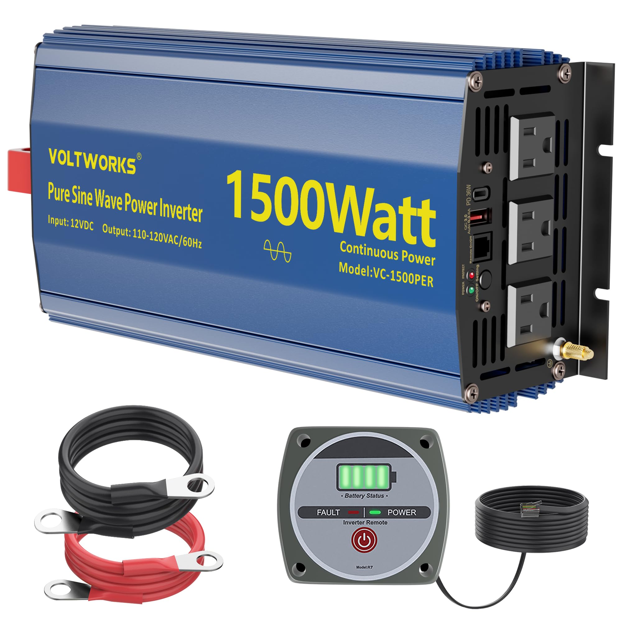 Power Inverter 1500W Pure Sine Wave Inverter 12V to 110V 120V AC with PD36W USB-C Builtin UL Fuse 15FT Remote with Battery Monit