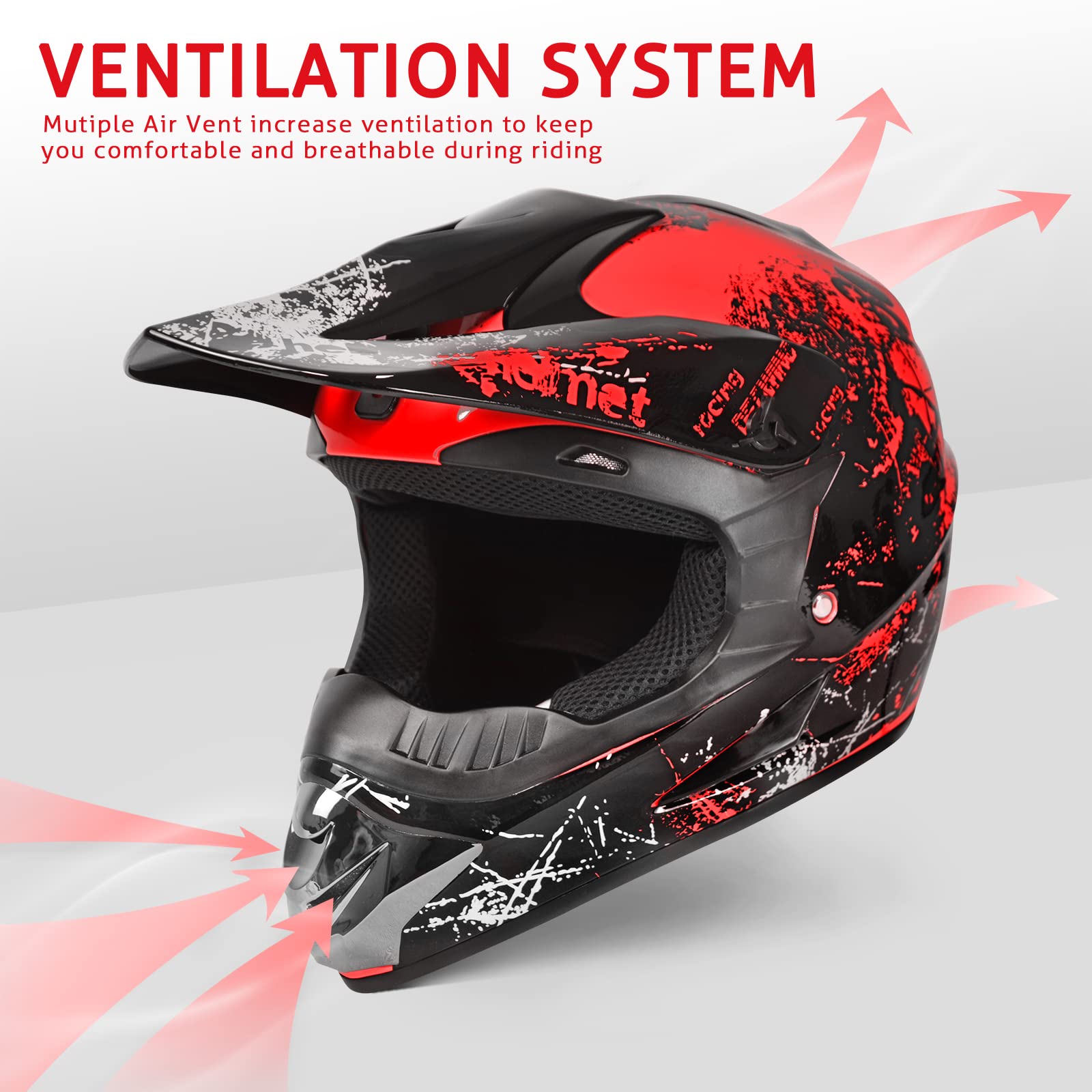 SanQing Youth Dirt Bike Helmet, DOT Approved, ABS Material, Large, Red, Model MR-TKSH24, Includes Goggles and Gloves