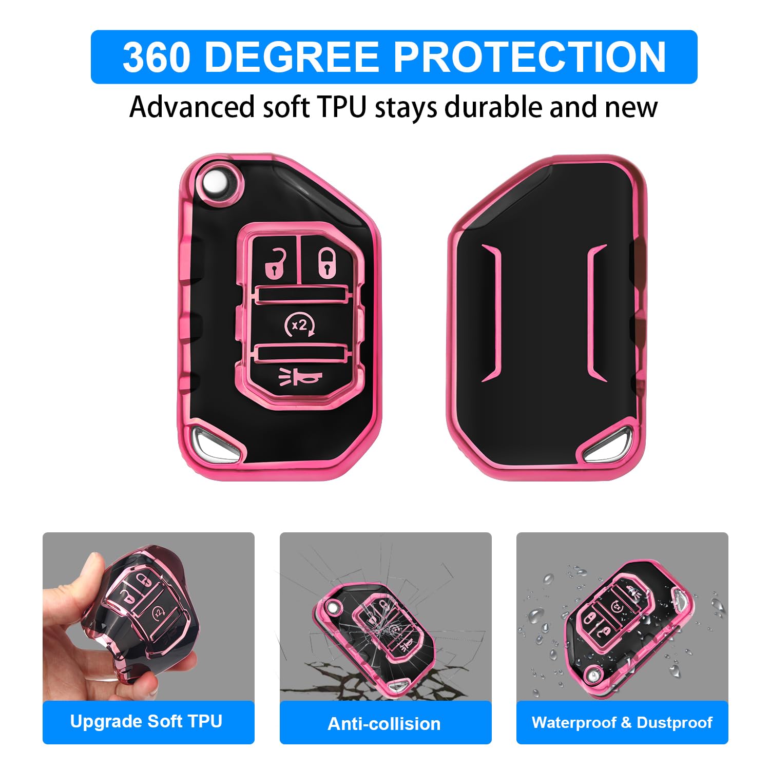 QBUC Jeep Key Fob Cover with Keychain, One Size, Pink, Compatible with Wrangler JL/JLU & Gladiator JT, Model Jp hj-020