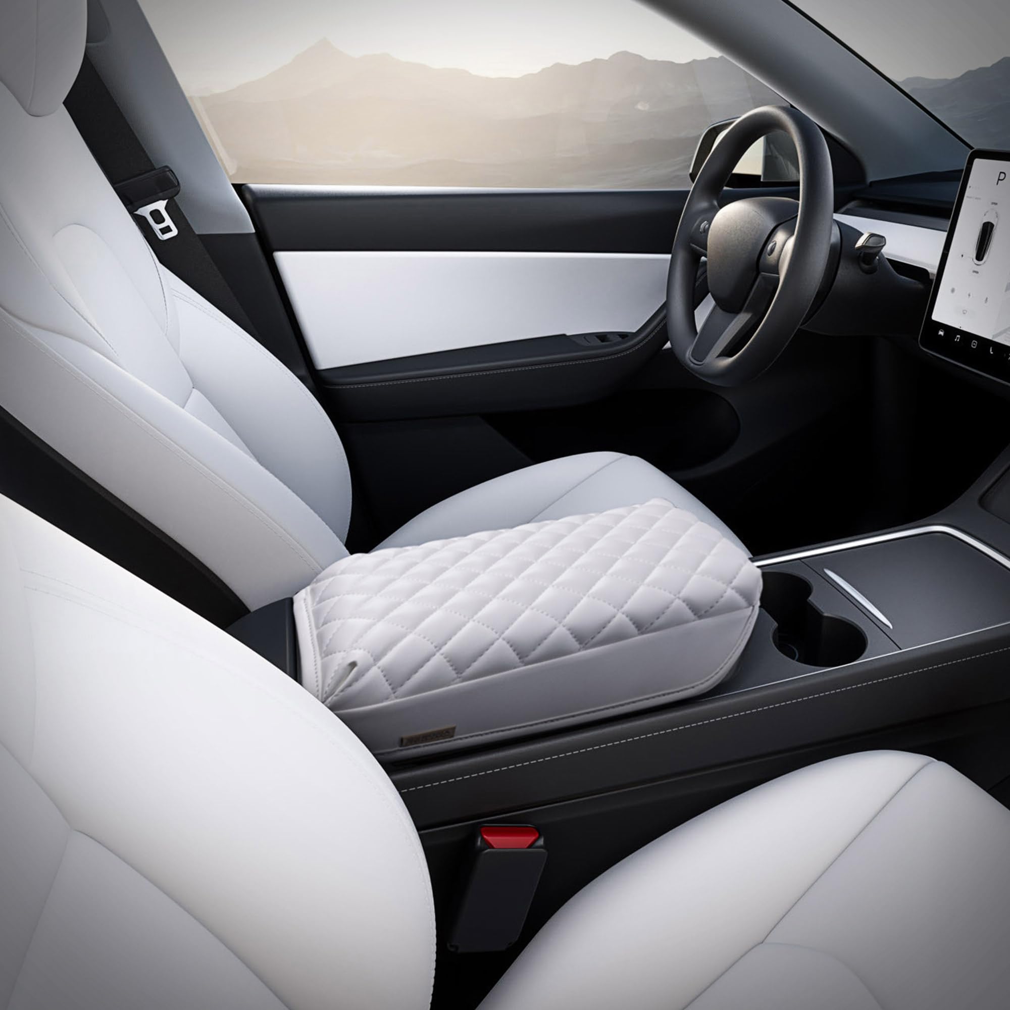 Kmmotors Model Y, Model 3 Center Console Cover Quilting White, Armrest Cushion, Console Protector, Vegan Leather, Tesl* Accessor
