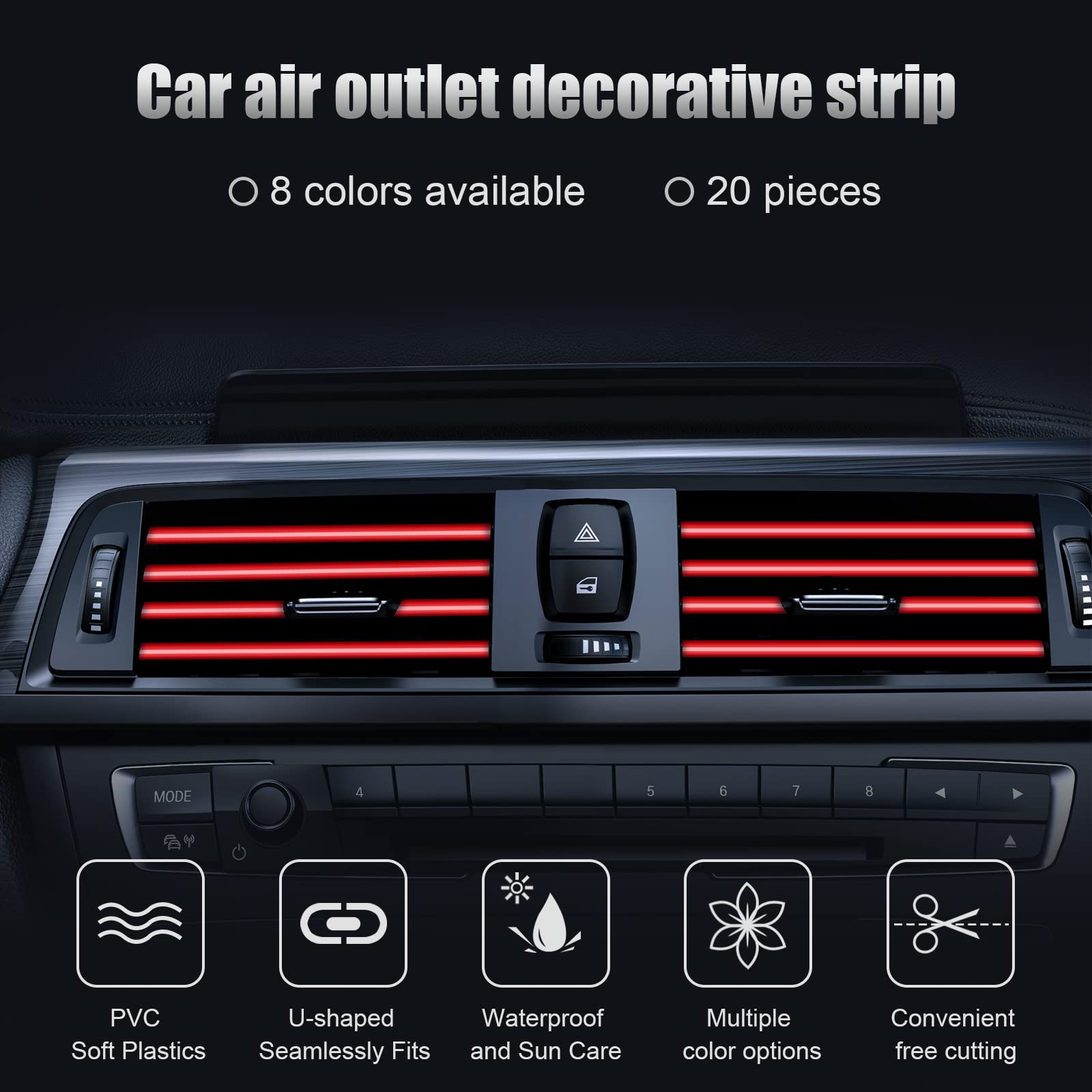 PYHLVCLF 20 Pieces A-Red Universal Car Air Conditioner Vent Trim Decoration Strips - Waterproof Flexible Auto Interior Accessories