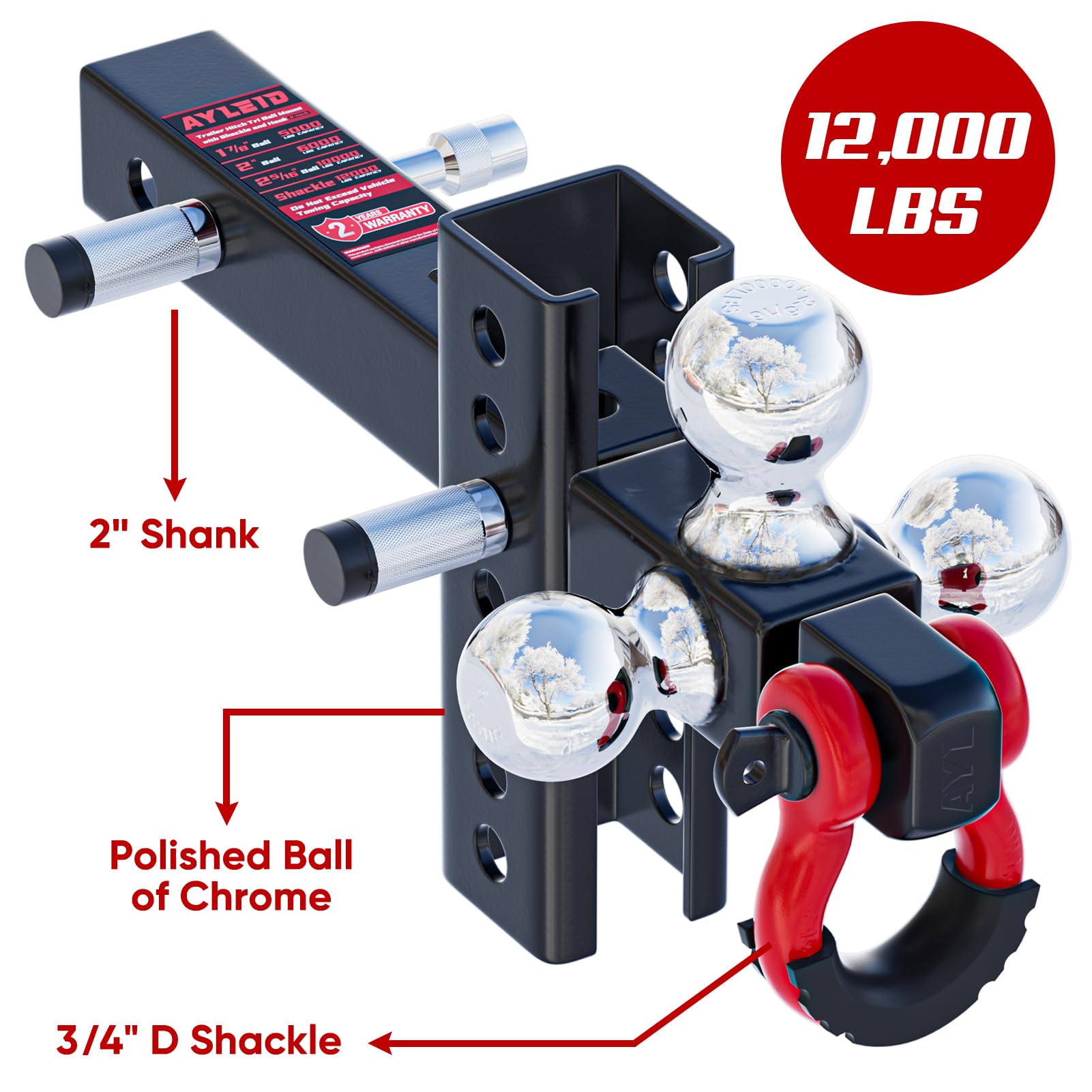 Ayleid Tri-Ball Trailer Hitch Mount with Anti-Theft Lock, Fits 2-in Receiver, Adjustable Shackle, C-Adjustable