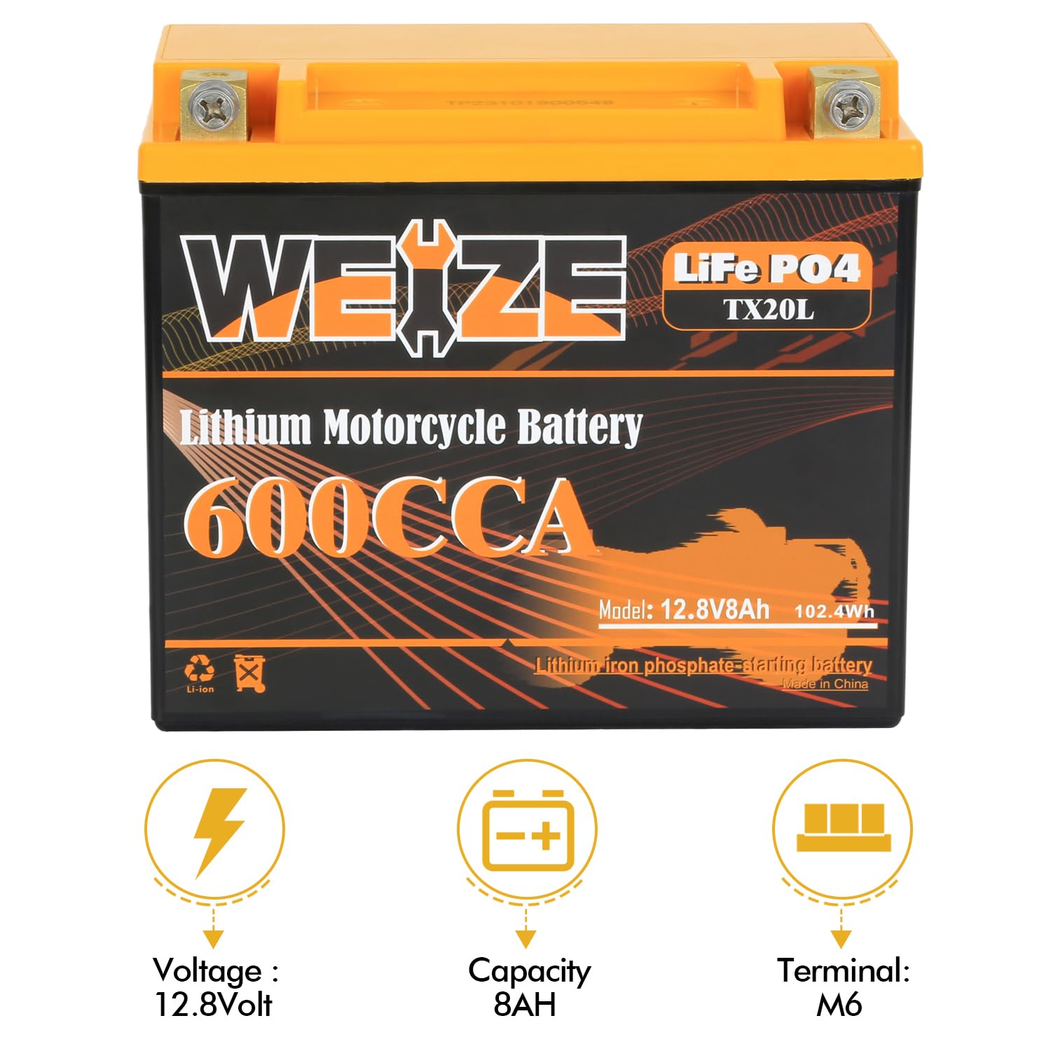 WEIZE Lithium YTX20L-BS Motorcycle Battery, 12V 8AH, 600A for ATV, UTV, Jet Ski, Snowmobile, Lawn Mower - Model BAC-