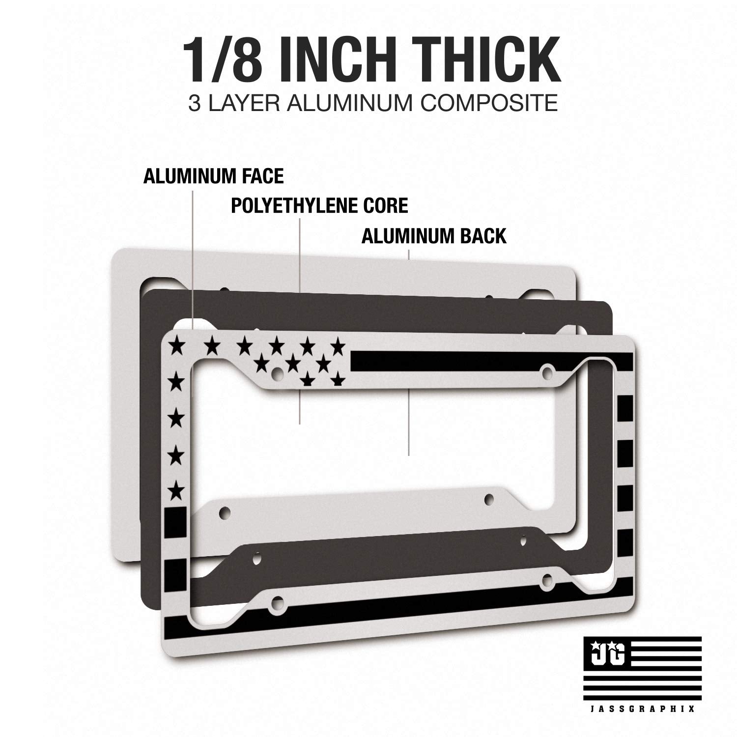 Jass Graphix American Flag License Plate Frame - Black On White - Tactical- Car Tag Frame