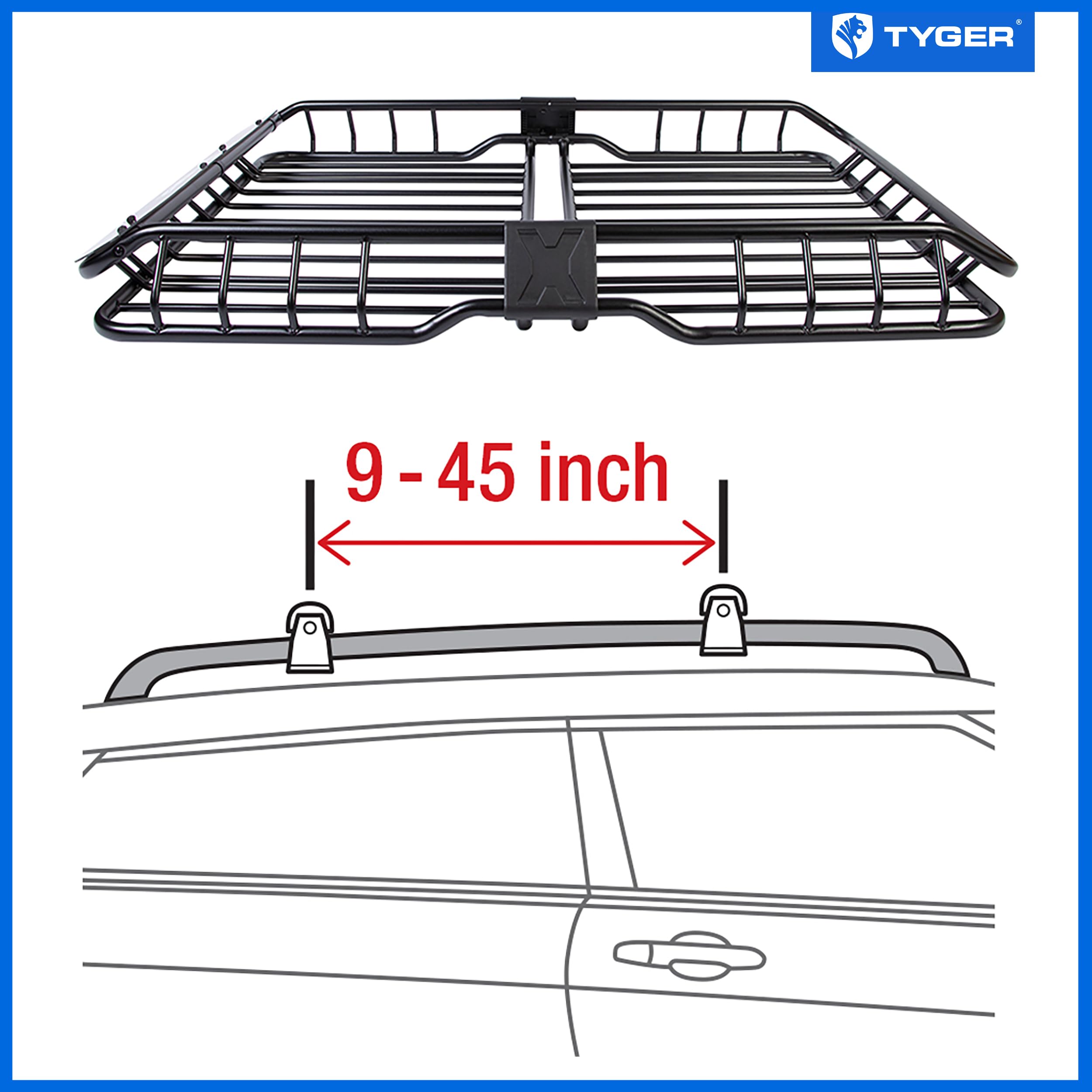 Tyger Auto Heavy Duty Roof Cargo Basket Rack, L57.5" x W42" x H6", Black, Alloy Steel, Model TG-RK1B942B, with Wind Fairing