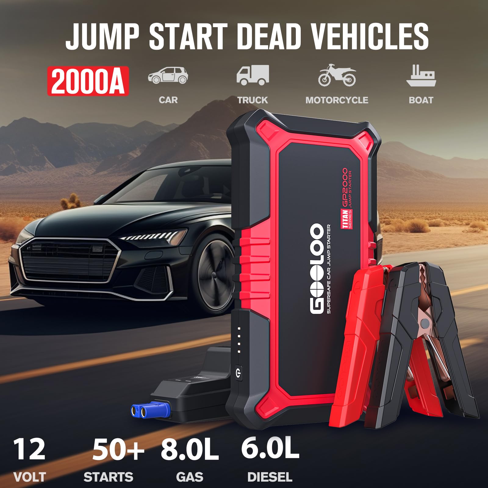 GOOLOO GP2000 Jump Starter, 12V 2000A for Gas/Diesel Engines, Red Portable Battery Charger with USB Quick Charge