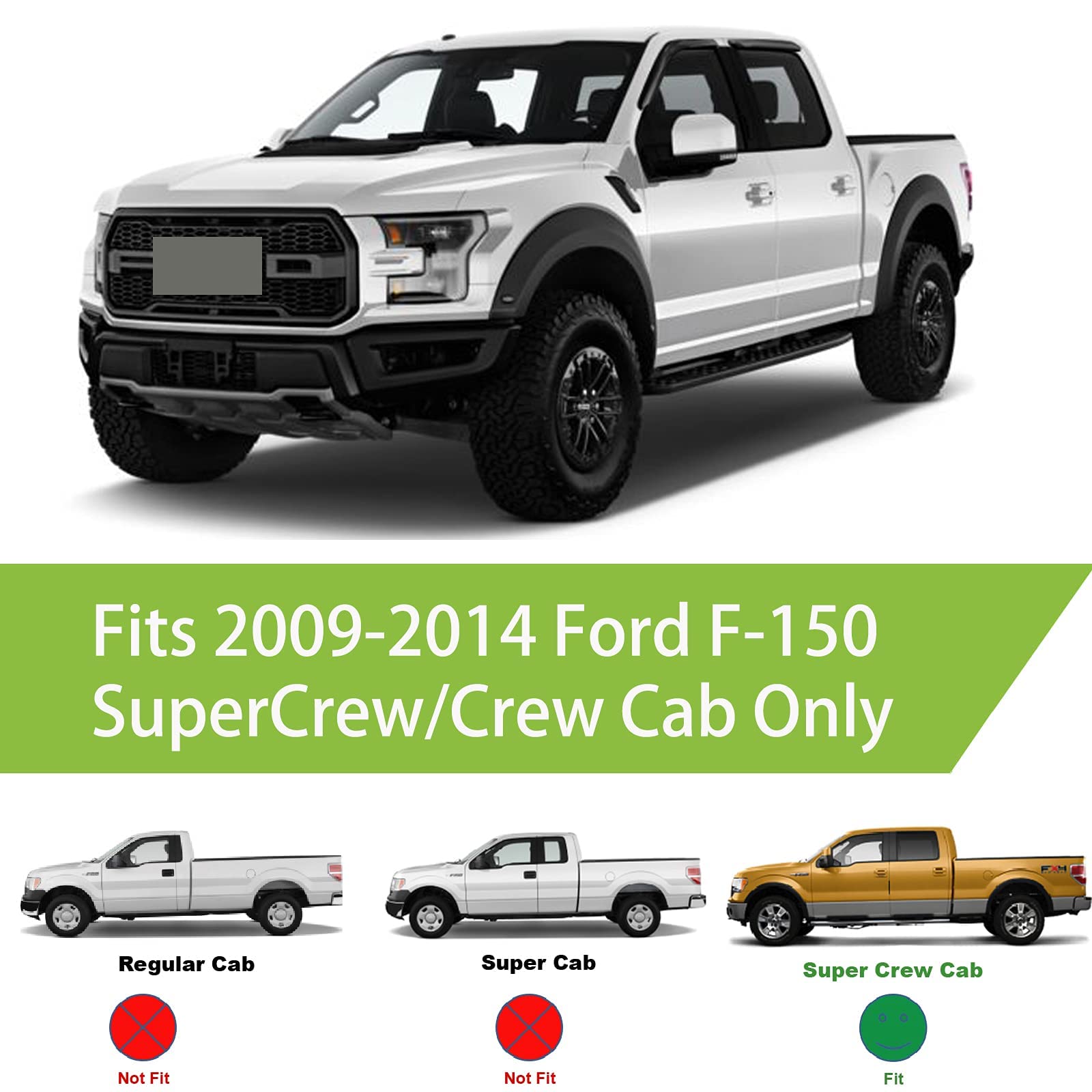 Side Car Window Visors Rain Guards Vent Deflectors Fit 09-14 Ford F150 Crew Cab,2010-2014 Ford F-150 Svt Raptor Supercrew 94155