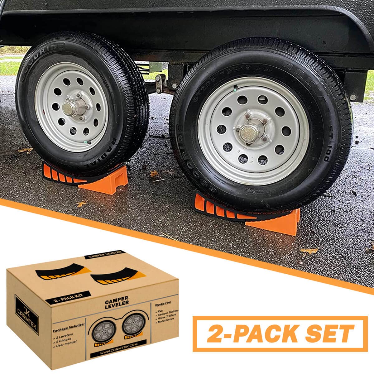 CARMTEK Camper Leveler 2-Pack | Curved RV Levelers with Wheel Chocks | High-Performance Polymer | Model Leveler_15in