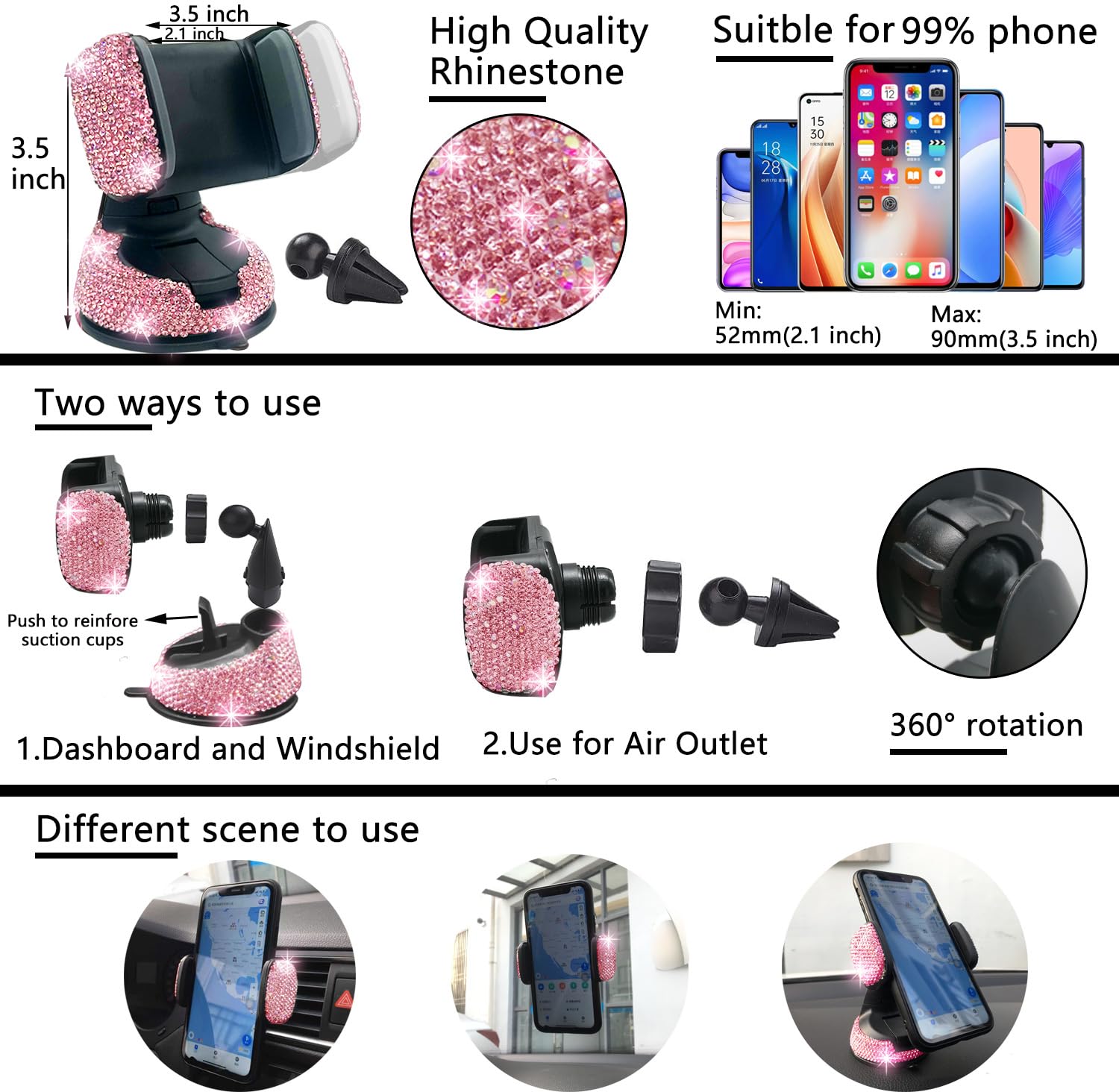 NBTEPEM 27-Piece Bling Car Accessories Set - Pink Diamond, Rhinestones, Universal Fit, Includes Steering Wheel Covers & More