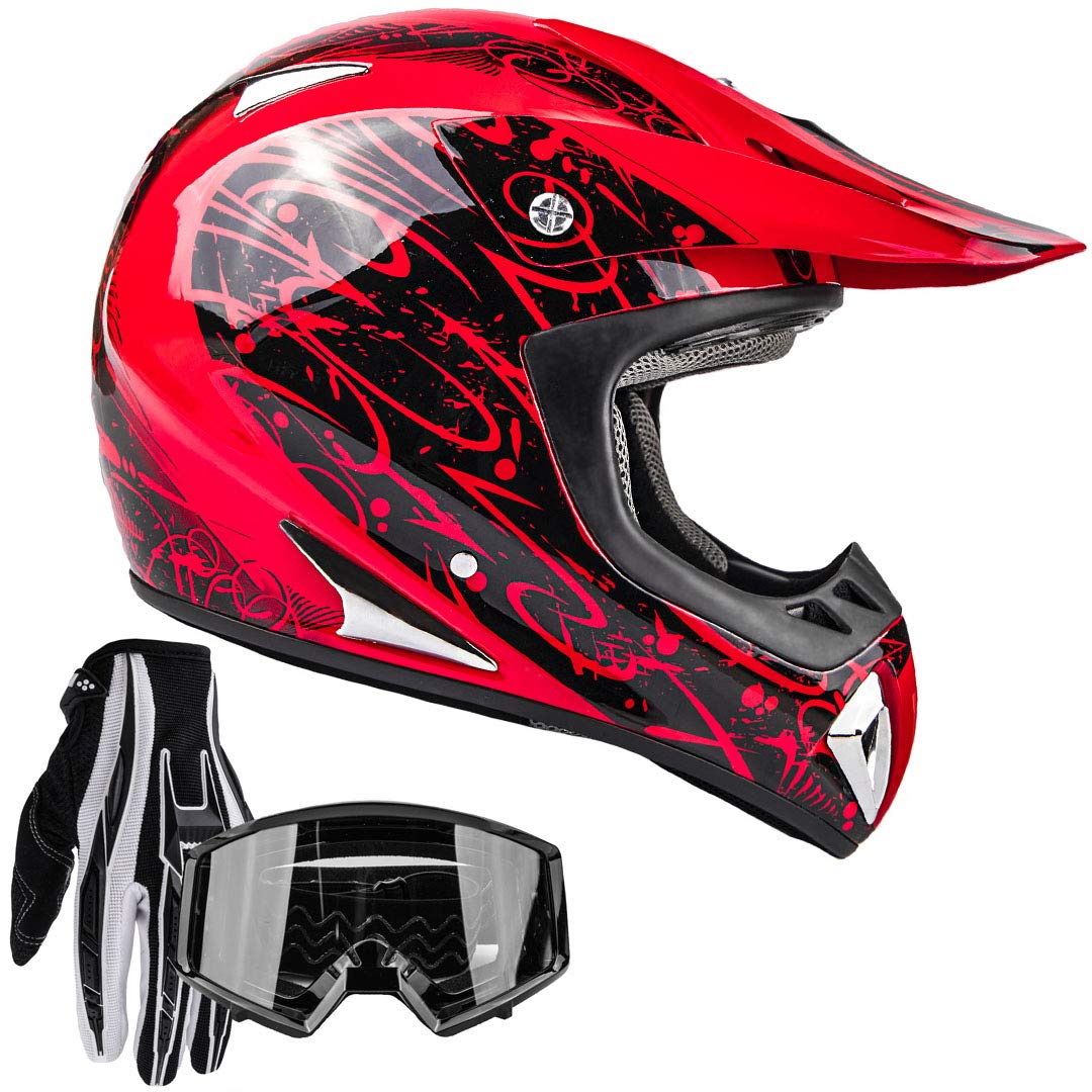Typhoon Adult Atv Mx Helmet Goggles Gloves Gear Combo Black Red ( Xl )