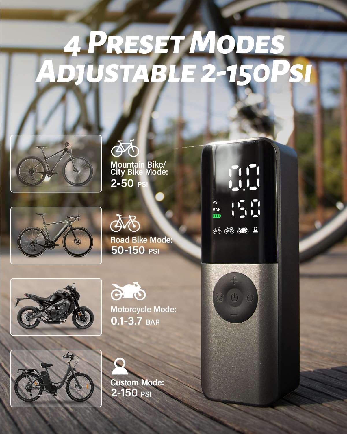 GPUTEK Mini Electric Air Pump 150Psi Portable Bicycle Tire Pump with Digital Gauge, Black and Gray, Model BG01