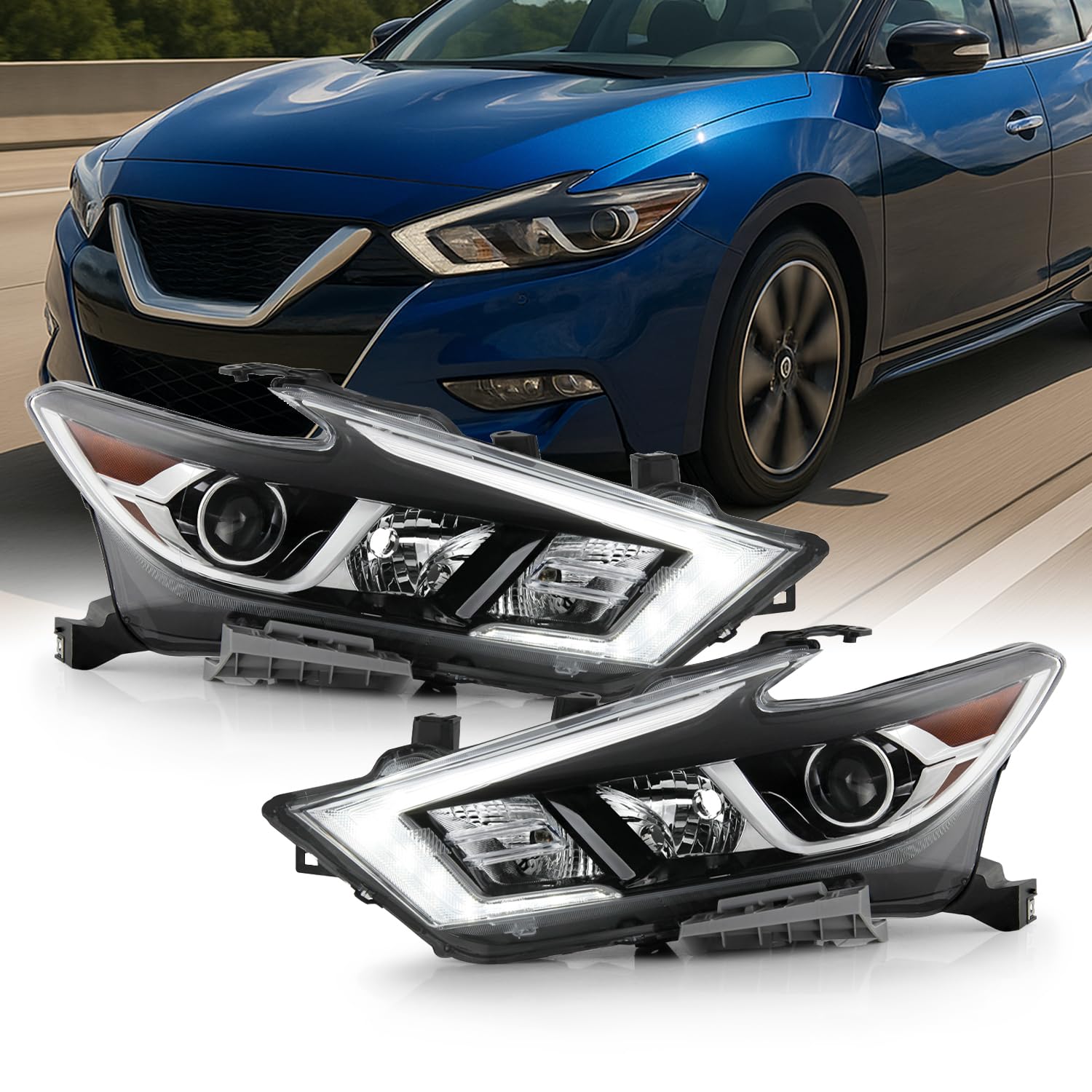 AKKON - Fits 2016-2018 Maxima S | SL | SV [Halogen Type] DRL LED Running Turn Signal Chrome Headlights Pair Driver + Passenger