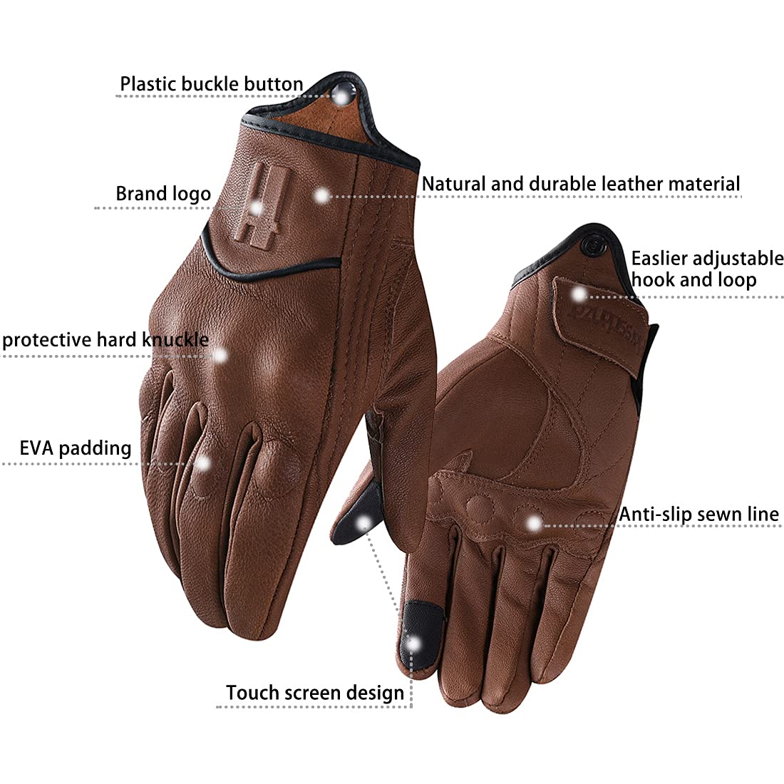 Harssidanzar Leather Motorcycle Gloves for Men, Touch Screen, Size S, Saddle Color